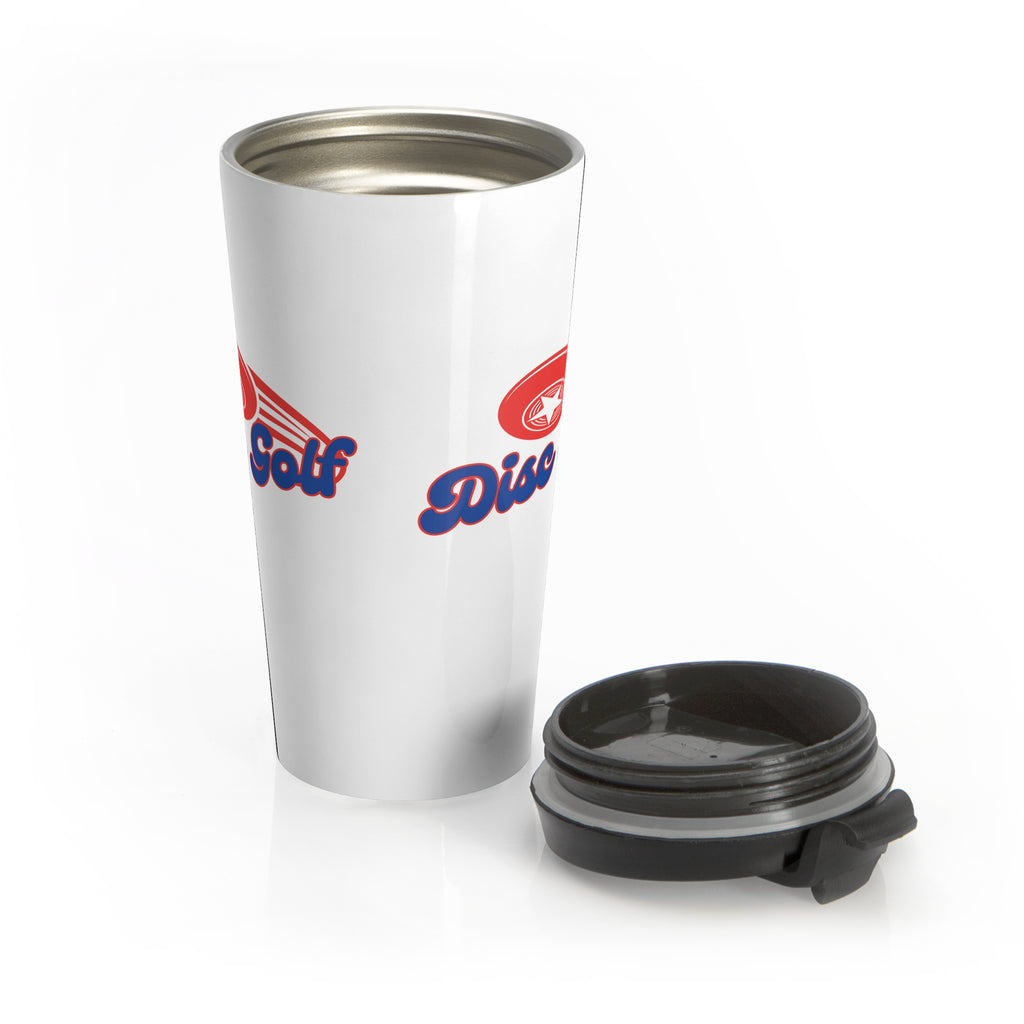 A white travel mug tumbler with a lid sitting next to the tumbler, featuring the words 'Disc Golf' in a blue script text outlined in red and disc golf with motion trails, against a white background