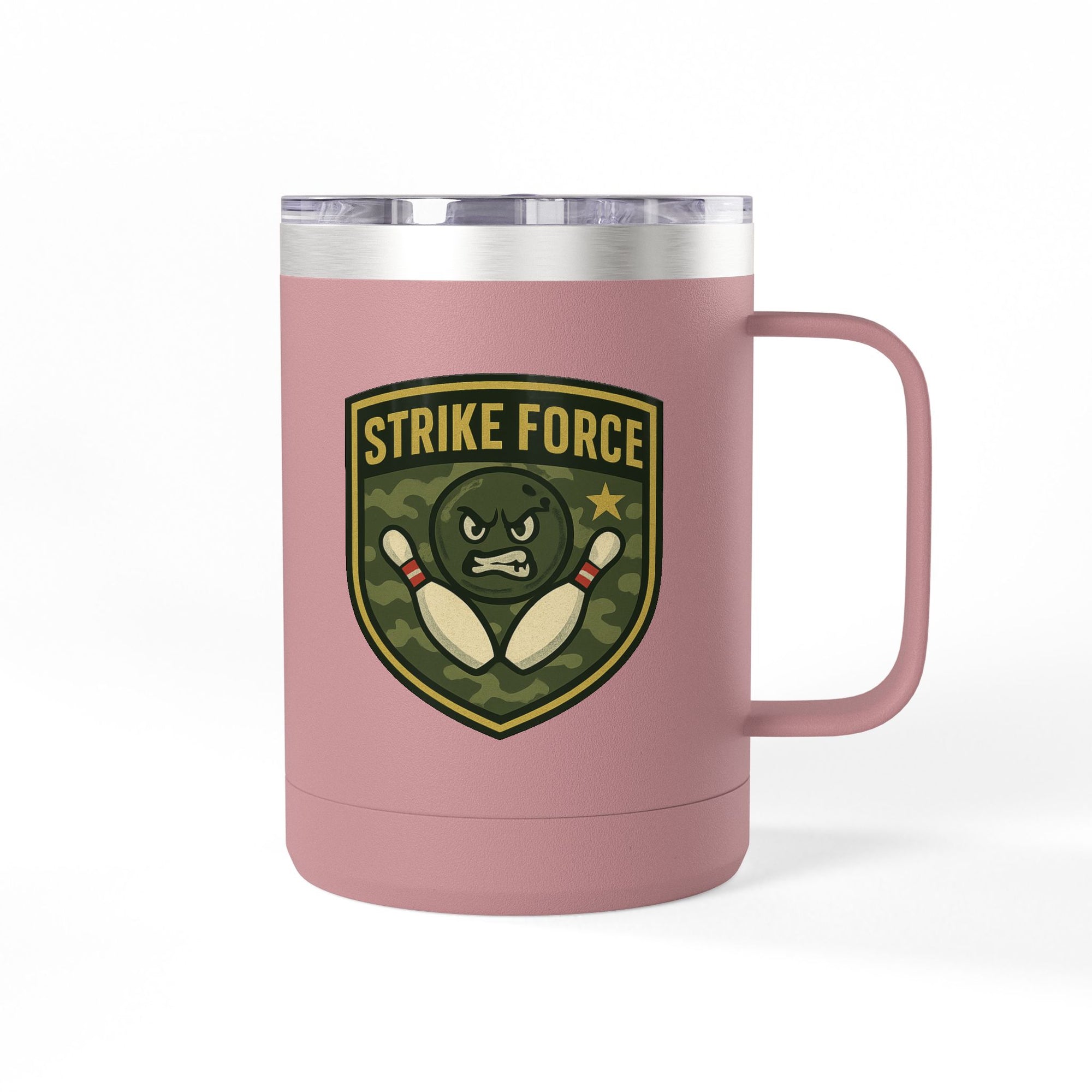 Pink travel coffee tumbler with handle and lid, with bowling 'Strike Force' military-style patch on a white background