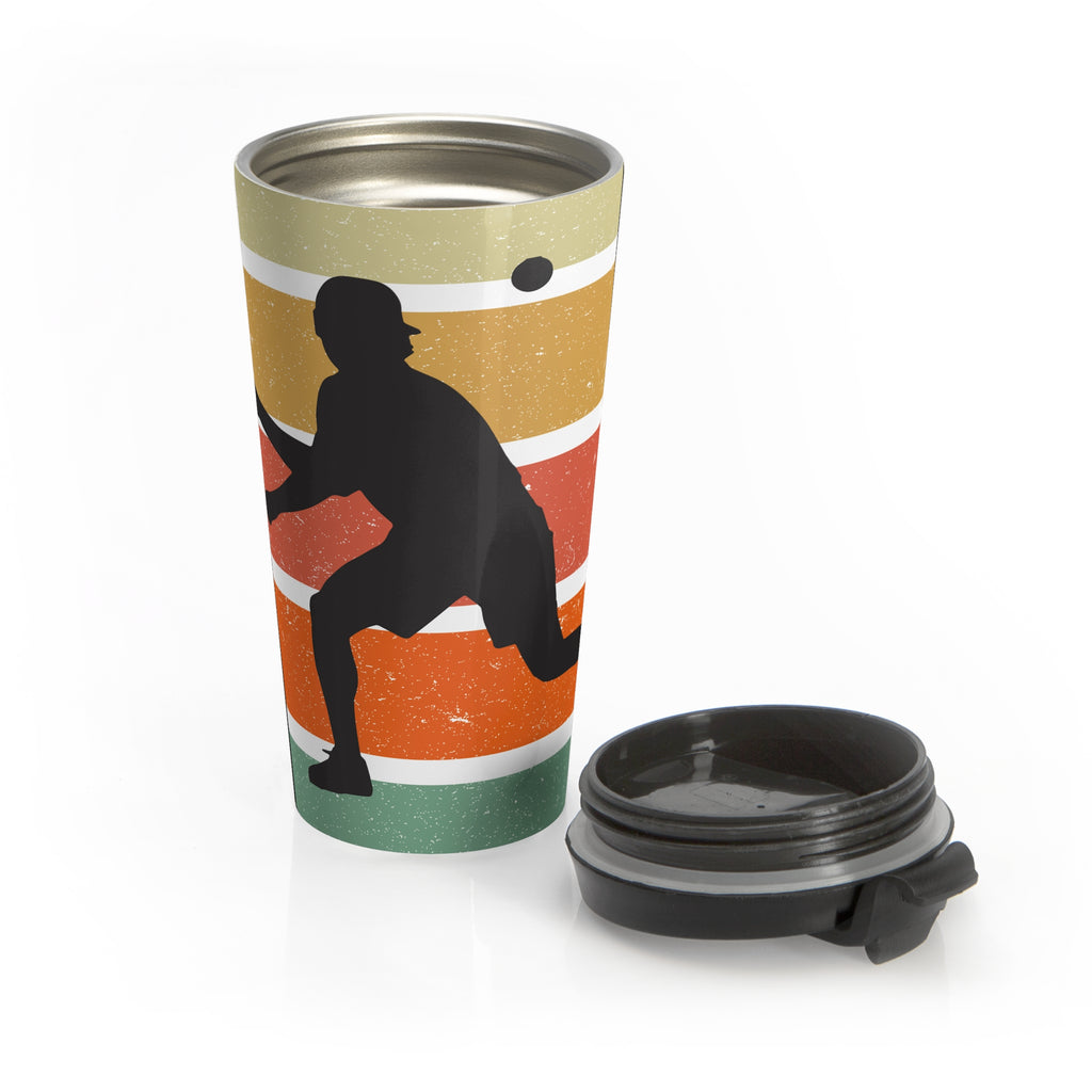Travel mug with a silhouette design of a person playing pickleball on a retro colorful background