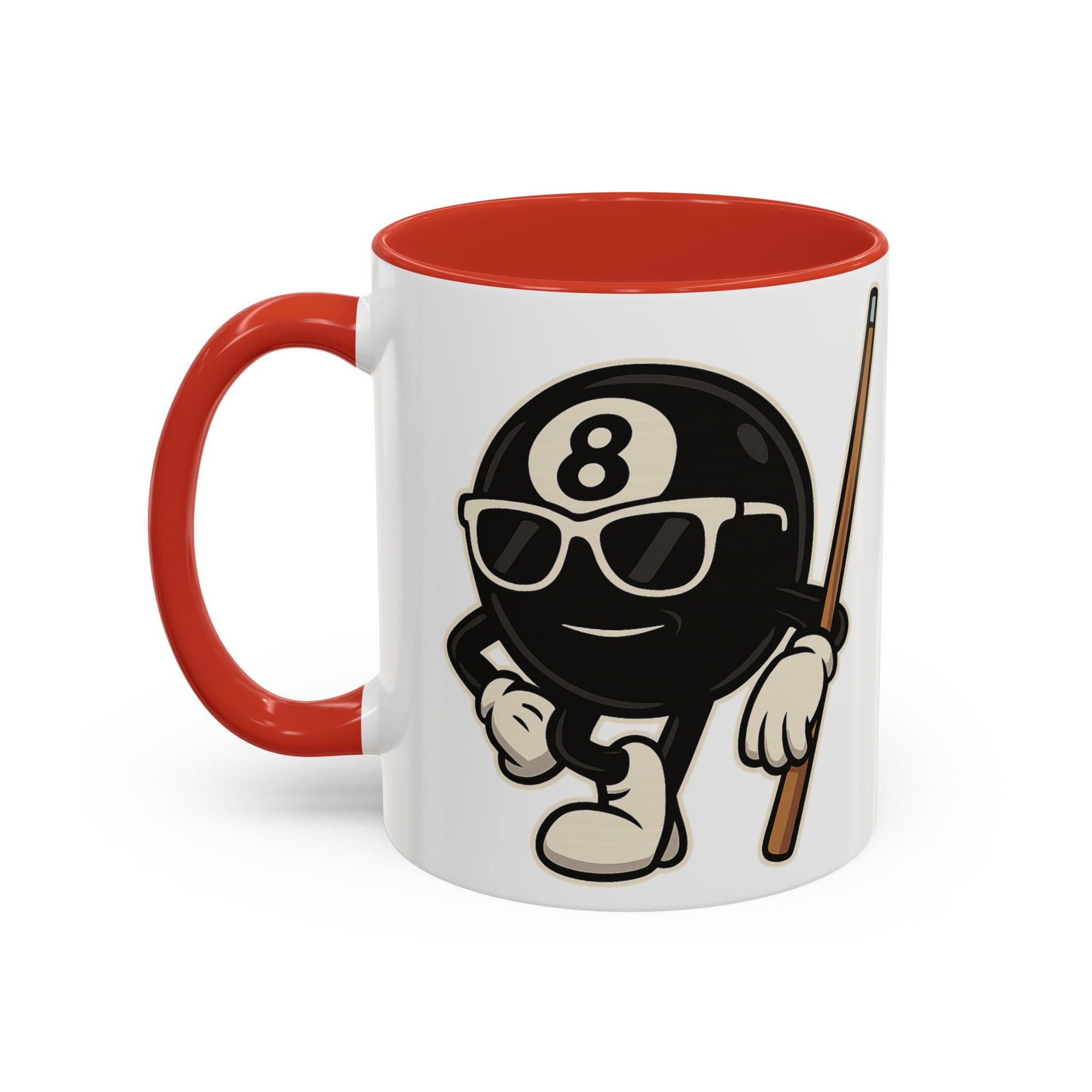 A white ceramic coffee mug with red accents on the handle and interior, with a graphic of a cartoon billiards 8 ball with arms and legs and wearing sunglasses and leaning on a cue stick, on a white background
