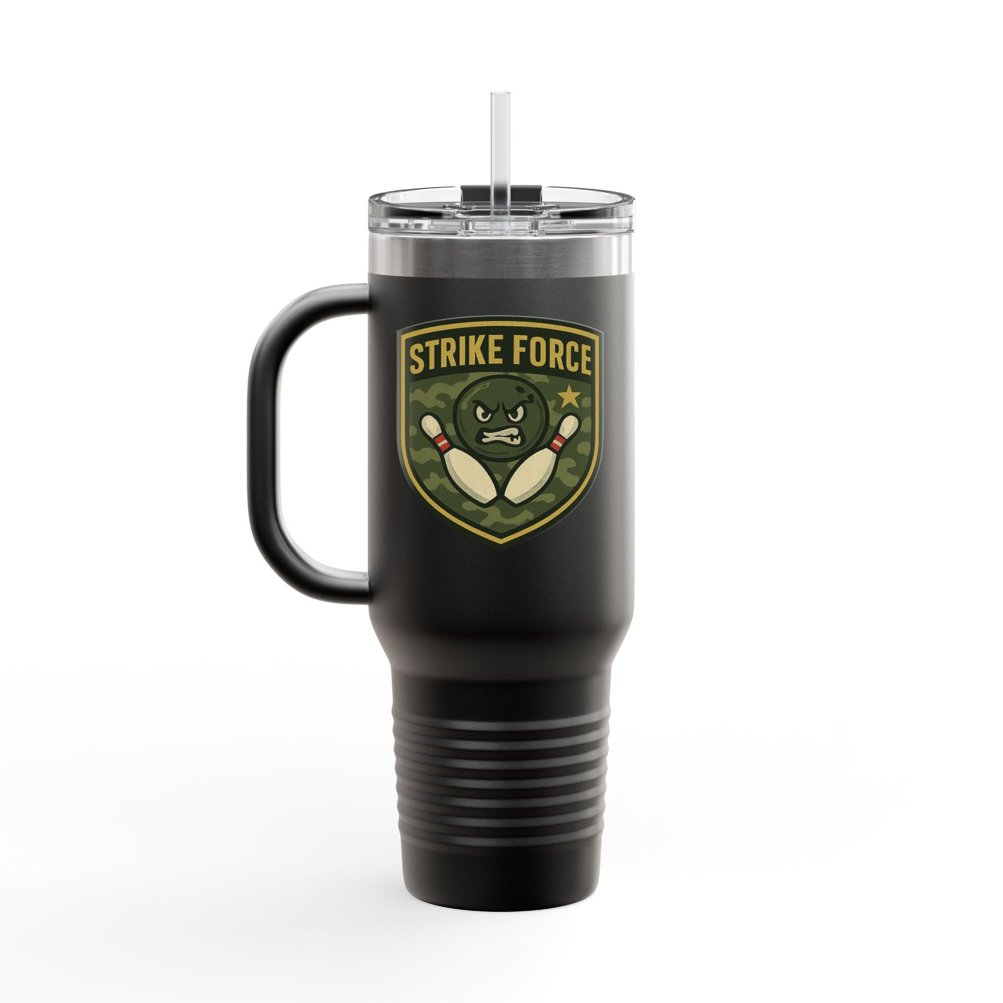 Black 40oz travel mug with lid and straw, with bowling 'Strike Force' military-style patch on a white background