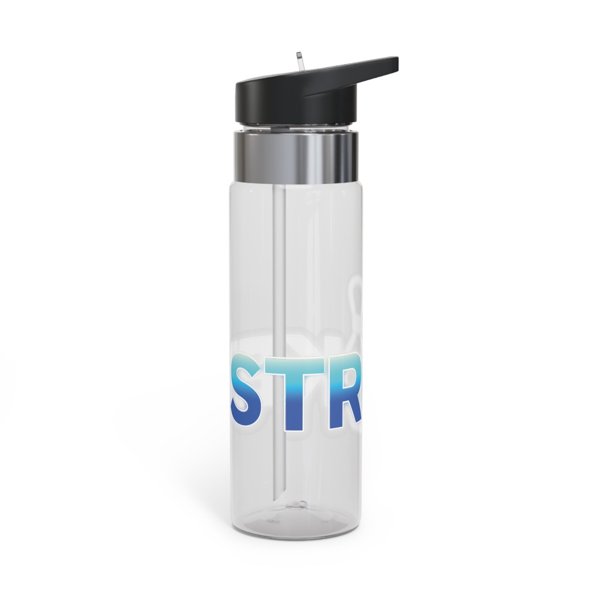 Clear water bottle with black lid, with 'STRIKE!' with the "I" replaced by a bowling pin, on a white background