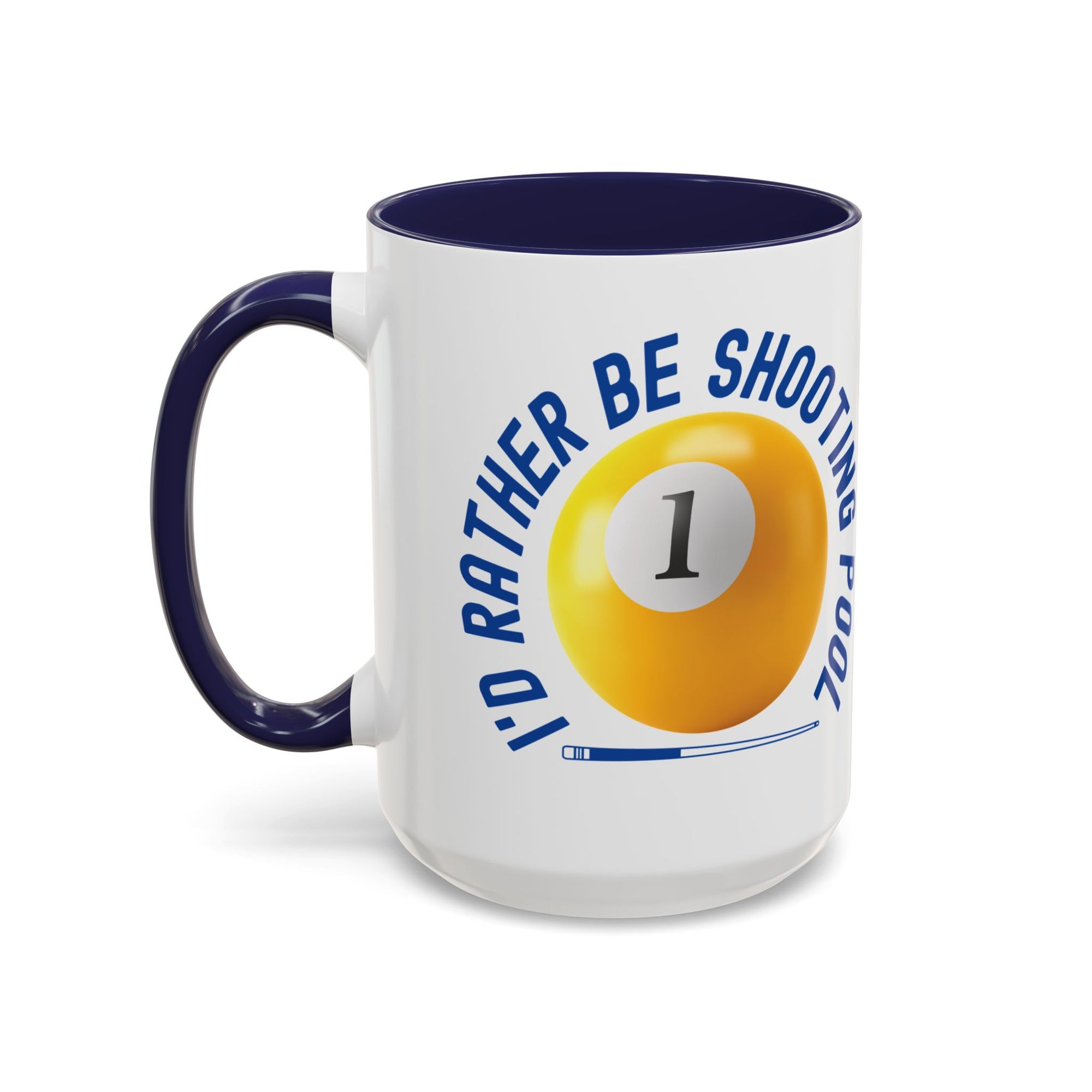 Ceramic coffee mug with dark blue accents on the handle and interior, with a yellow billiards ball and cue stick graphic and the text "I'd Rather Be Shooting Pool" on a white background