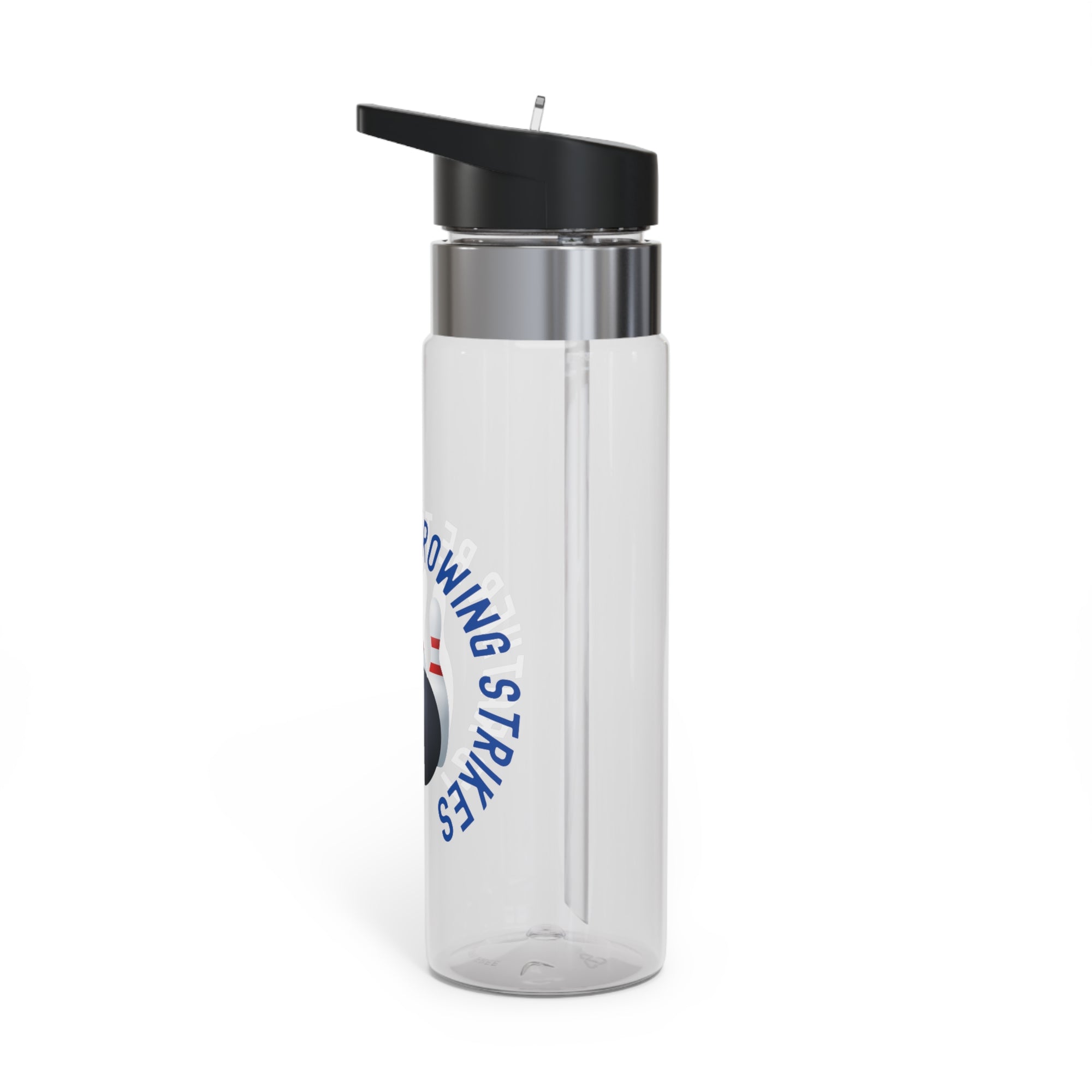 Side view of a clear water bottle with lid and straw, with bowling pins and a bowling ball and text saying "I'd Rather Be Throwing Strikes" on white background