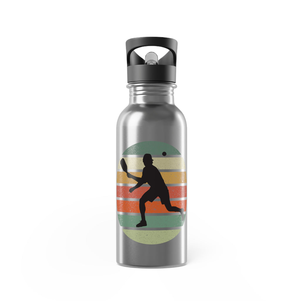 Stainless steel water bottle with a graphic of a silhouette of a pickleball player over a retro colorful background on a white background