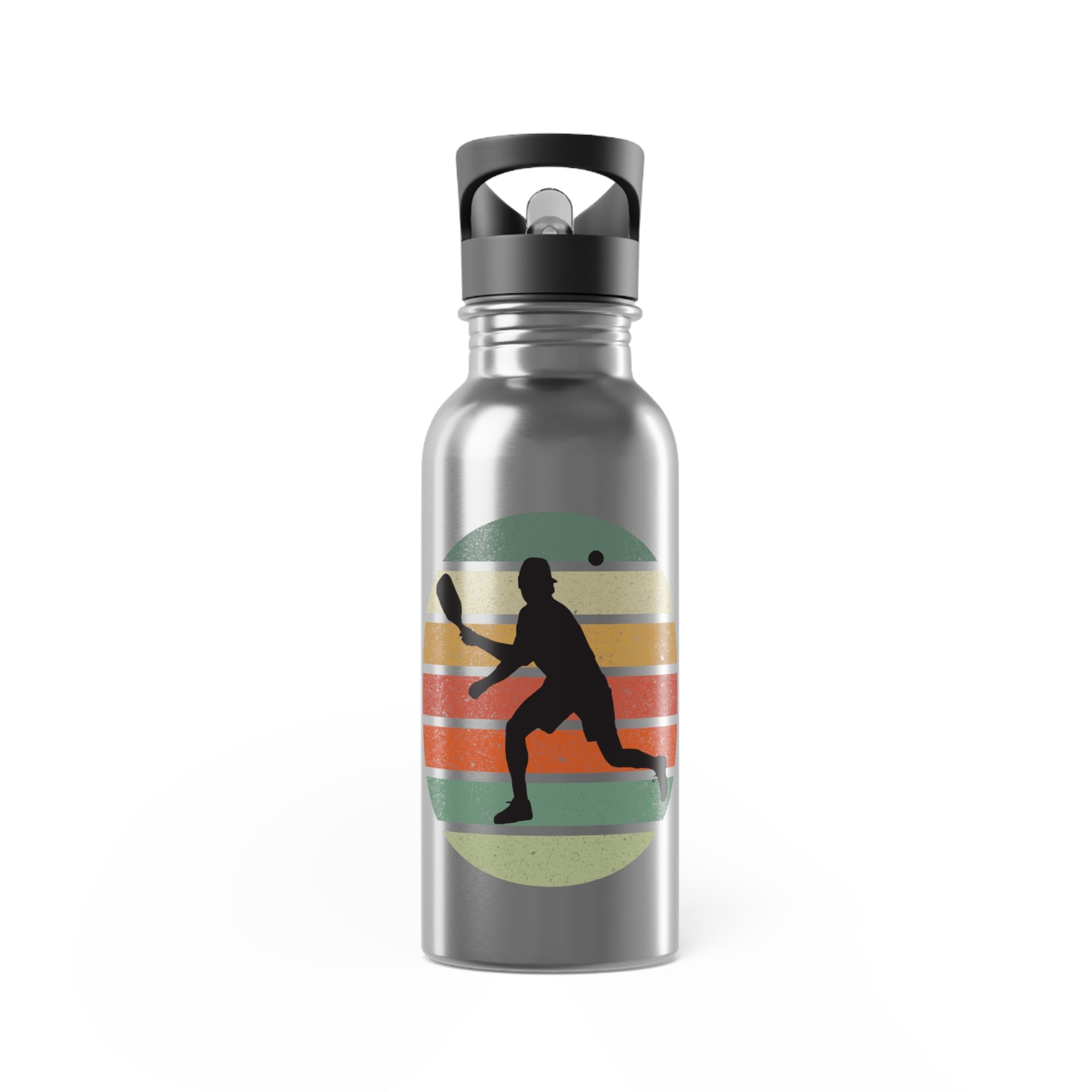 Stainless steel water bottle with a graphic of a silhouette of a pickleball player over a retro colorful background on a white background