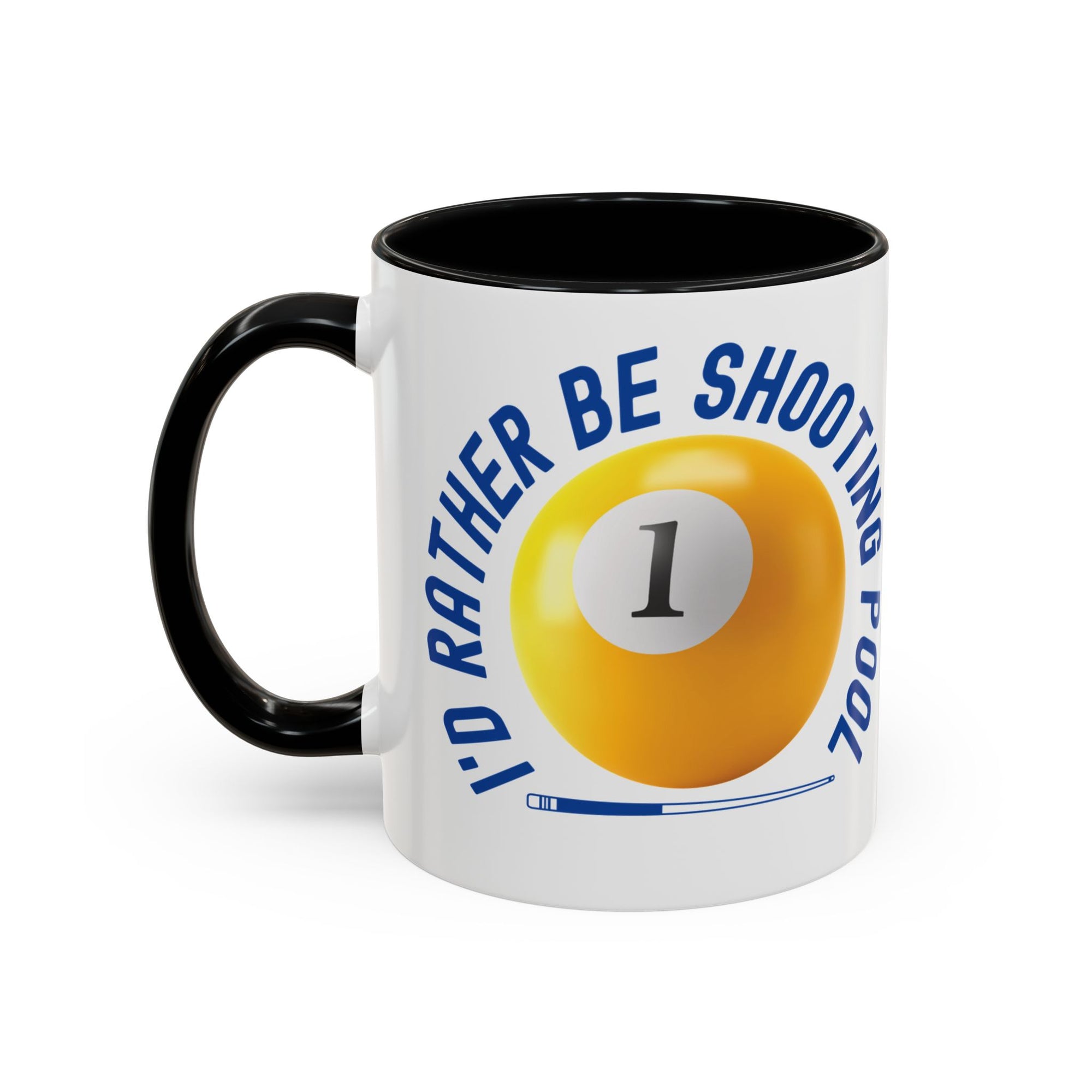 Ceramic coffee mug with black accents on the handle and interior, with a yellow billiards ball and cue stick graphic and the text "I'd Rather Be Shooting Pool" on a white background