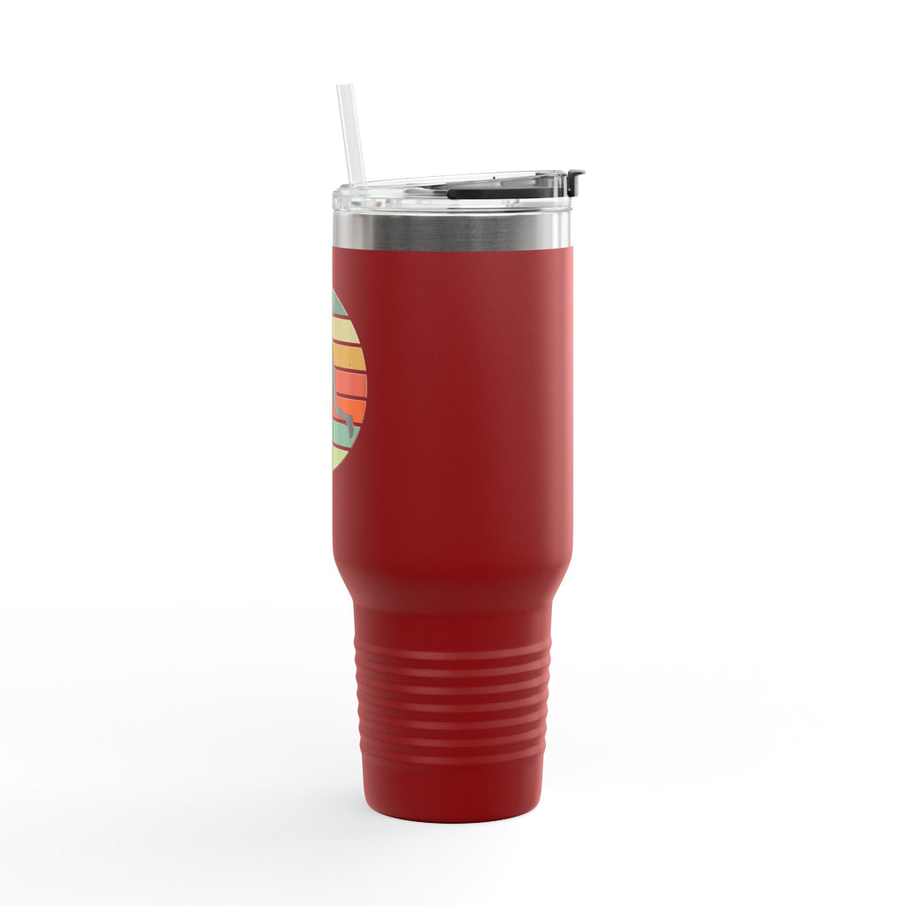 Red travel tumbler with a pickleball player silhouette design colorful retro background