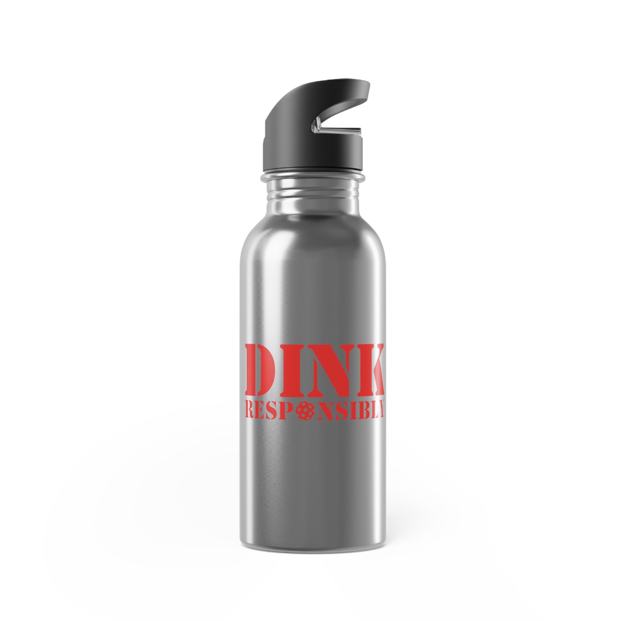A stainless steel water bottle with red text 'DINK RESPONSIBLY' with a pickleball replacing the "O" in "Responsibly" against a white background