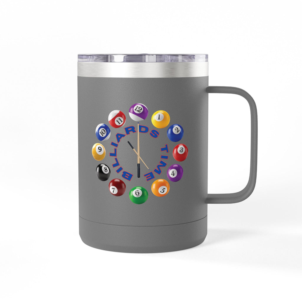 Gray travel coffee mug tumbler with a lid, with the text "Billiards Time" surrounded by a clock made up of colorful billiard balls and cue sticks, on a white background