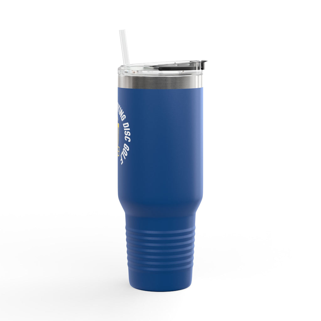 Side view of a blue 40oz tumbler with a lid and straw with a graphic of disc golf chains, basket, and disc and text that says "I'd Rather Be Playing Disc Golf" on a white background.
