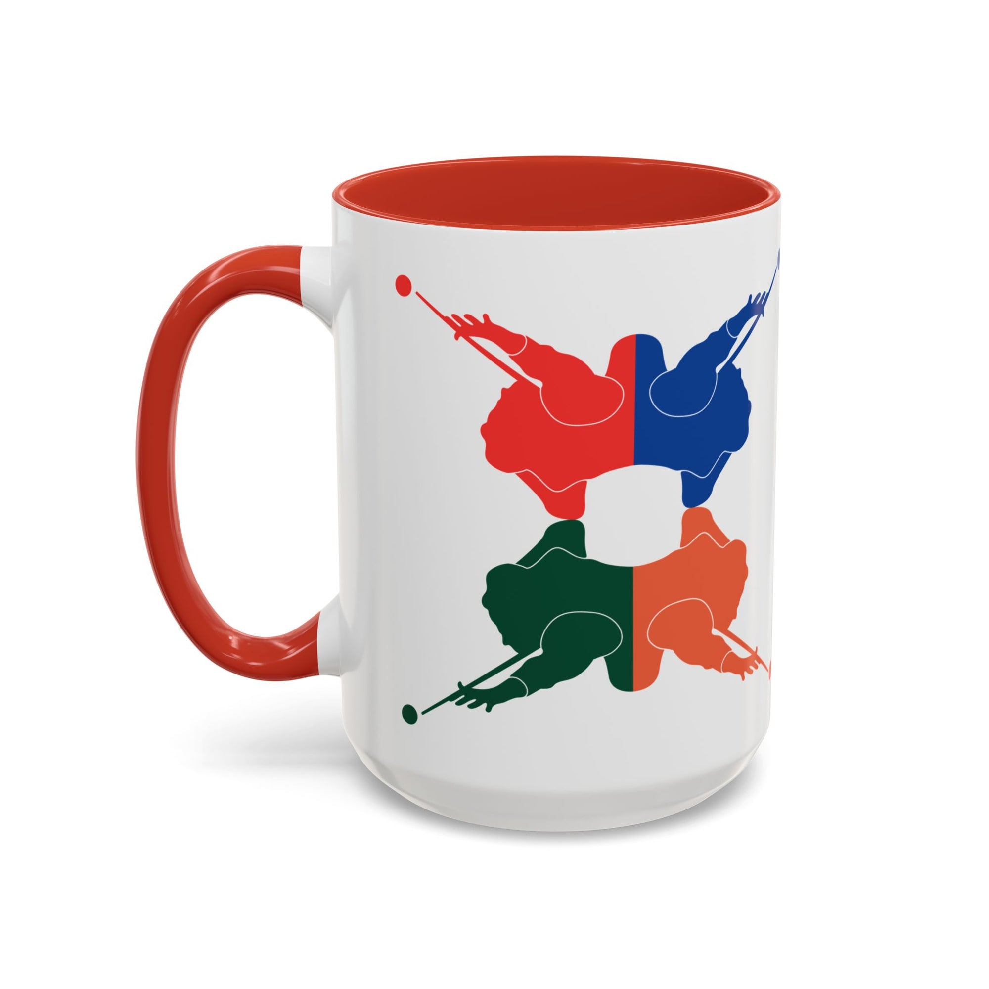 A white ceramic coffee mug with red accents on the handle and interior, with colorful graphic of 4 billiards player silhouettes in a pop art style, against a white background
