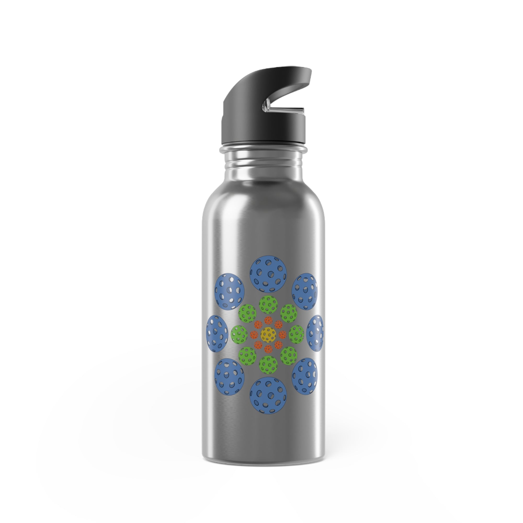 Stainless steel water bottle with lid featuring a colorful geometric design of pickleballs against a white background