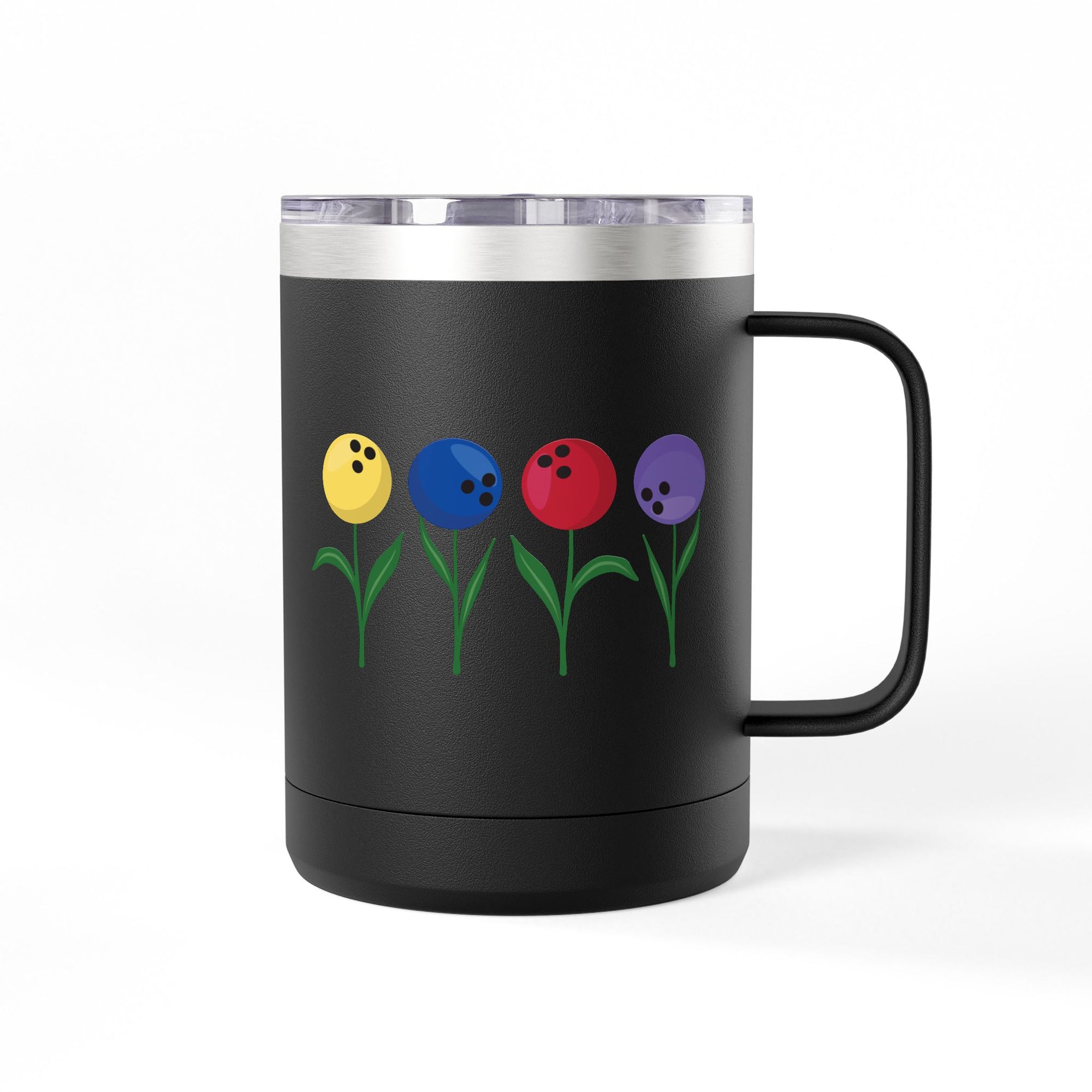 A black travel mug tumbler with lid and handle, with colorful flowers made out of bowling balls, on a white background
