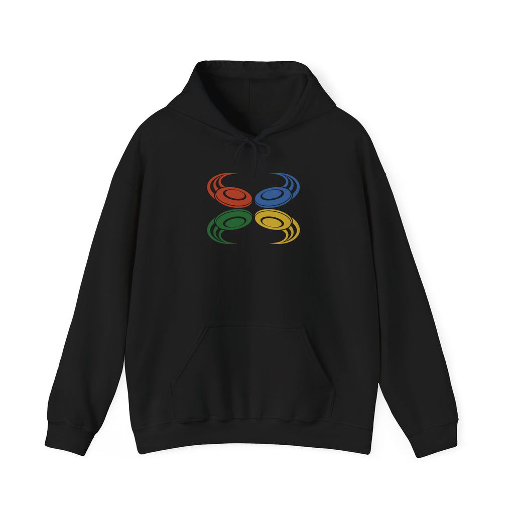 Black hoodie with colorful graphic of flying disc golf discs, against a white background