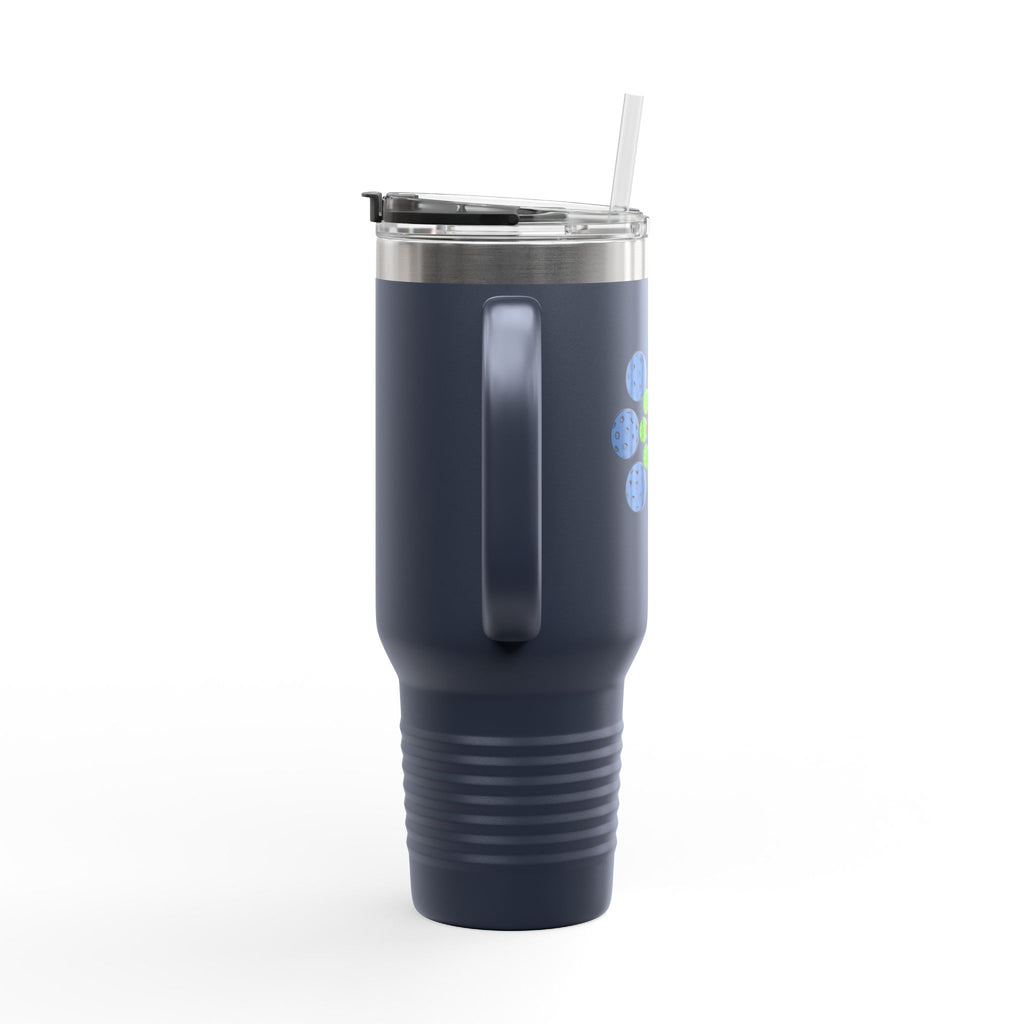 Back view of a 40oz stainless steel tumbler mug with lid, straw, and handle featuring a colorful geometric design of pickleballs against a white background
