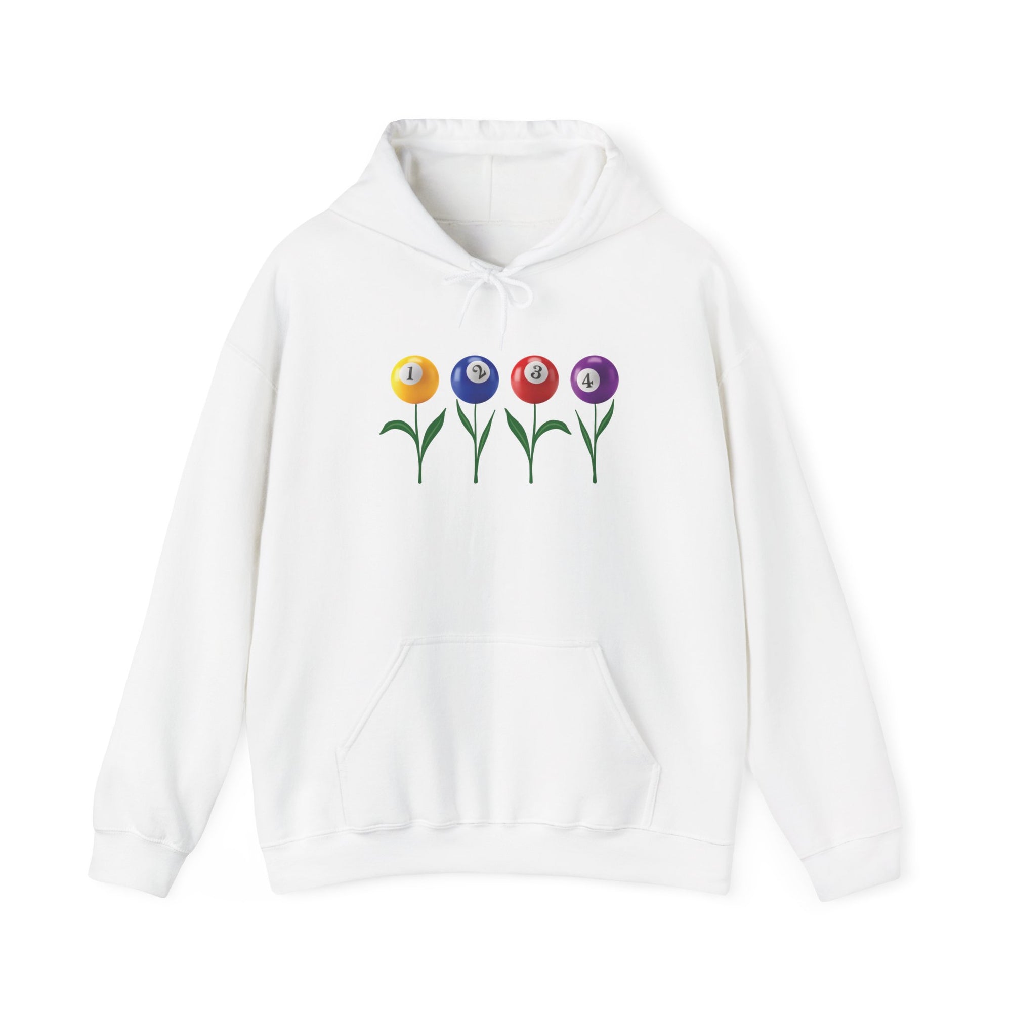 White hoodie with four colorful flowers made out of billiards balls with green stems, a white background
