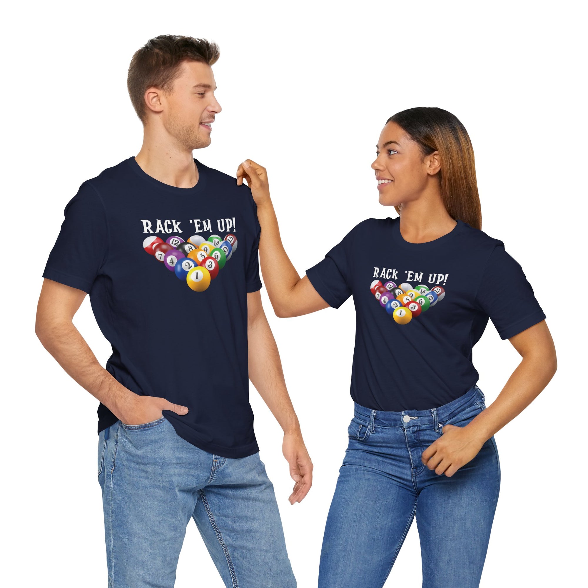 A man and a woman both wearing a navy blue t-shirt with racked pool ball design and 'Rack 'Em Up!' text, against a white background