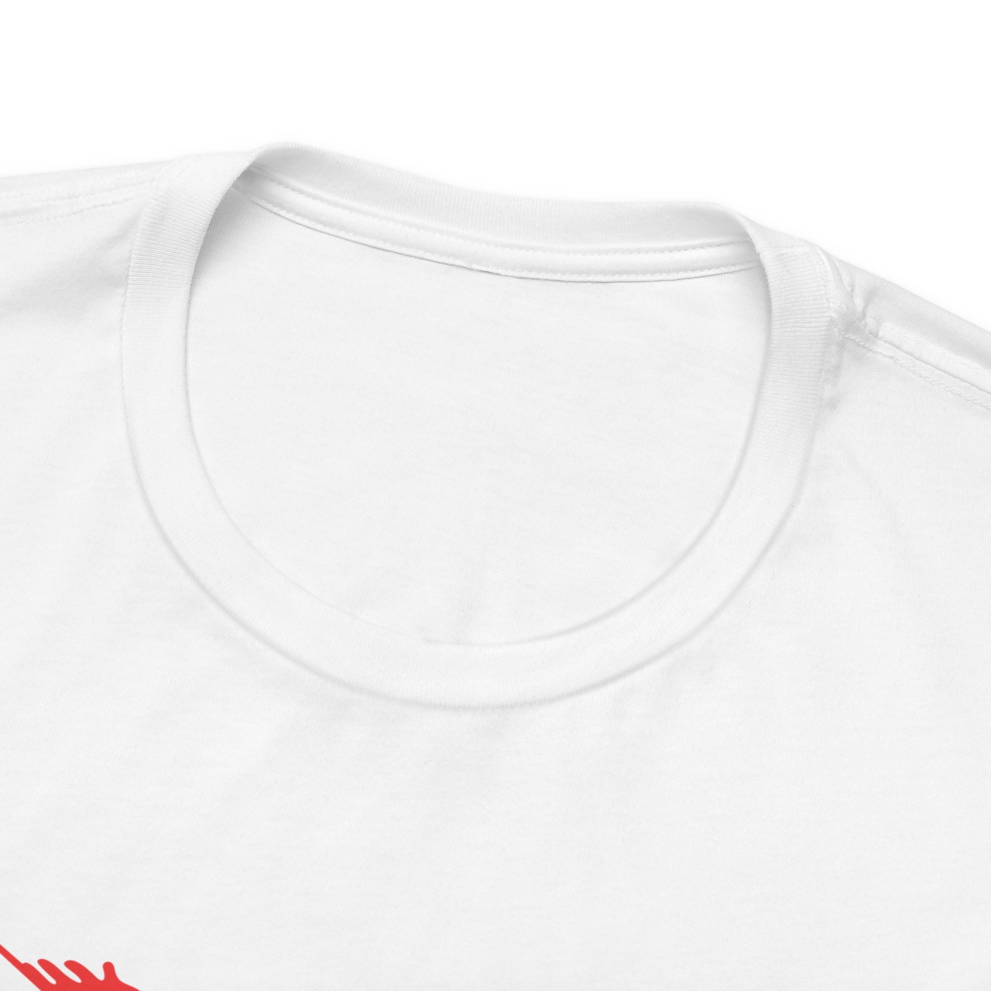 Close-up of the collar of a white t-shirt with colorful graphic of 4 billiards player silhouettes in a pop art style, on a hanger against a white background