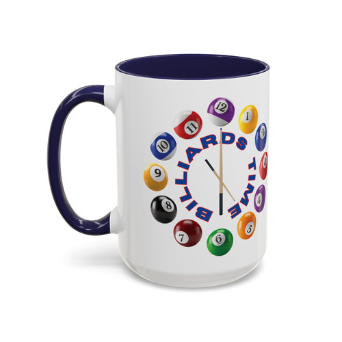 A white ceramic coffee mug with dark blue accents on the handle and interior, with the text "Billiards Time" surrounded by a clock made up of colorful billiard balls and cue sticks, on a white background
