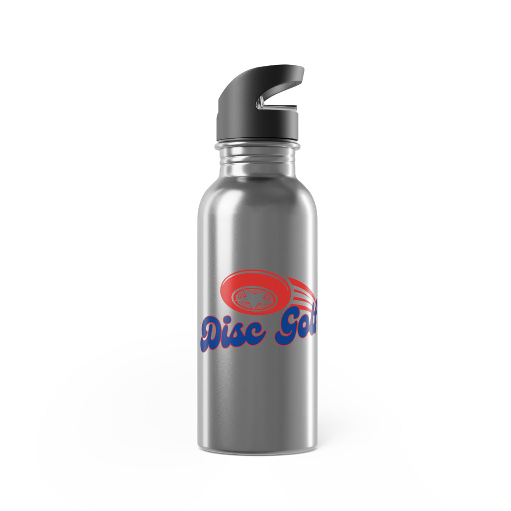 A stainless steel water bottle with lid, featuring the words 'Disc Golf' in a blue script text outlined in red and disc golf with motion trails, against a white background