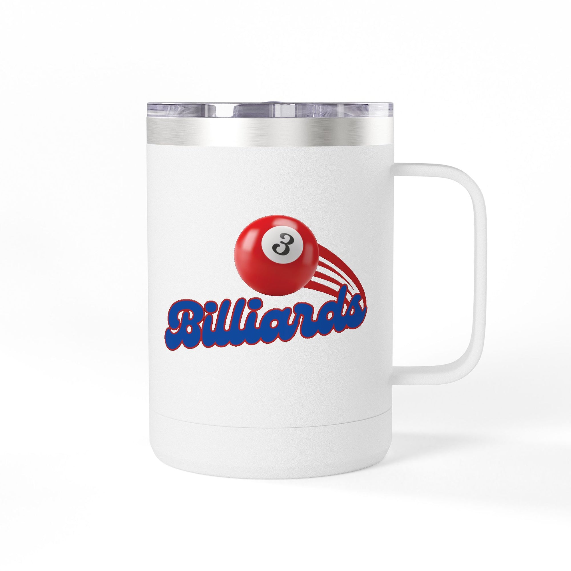 White travel coffee mug tumbler with billiards ball and text that says "Billiards" against a white background
