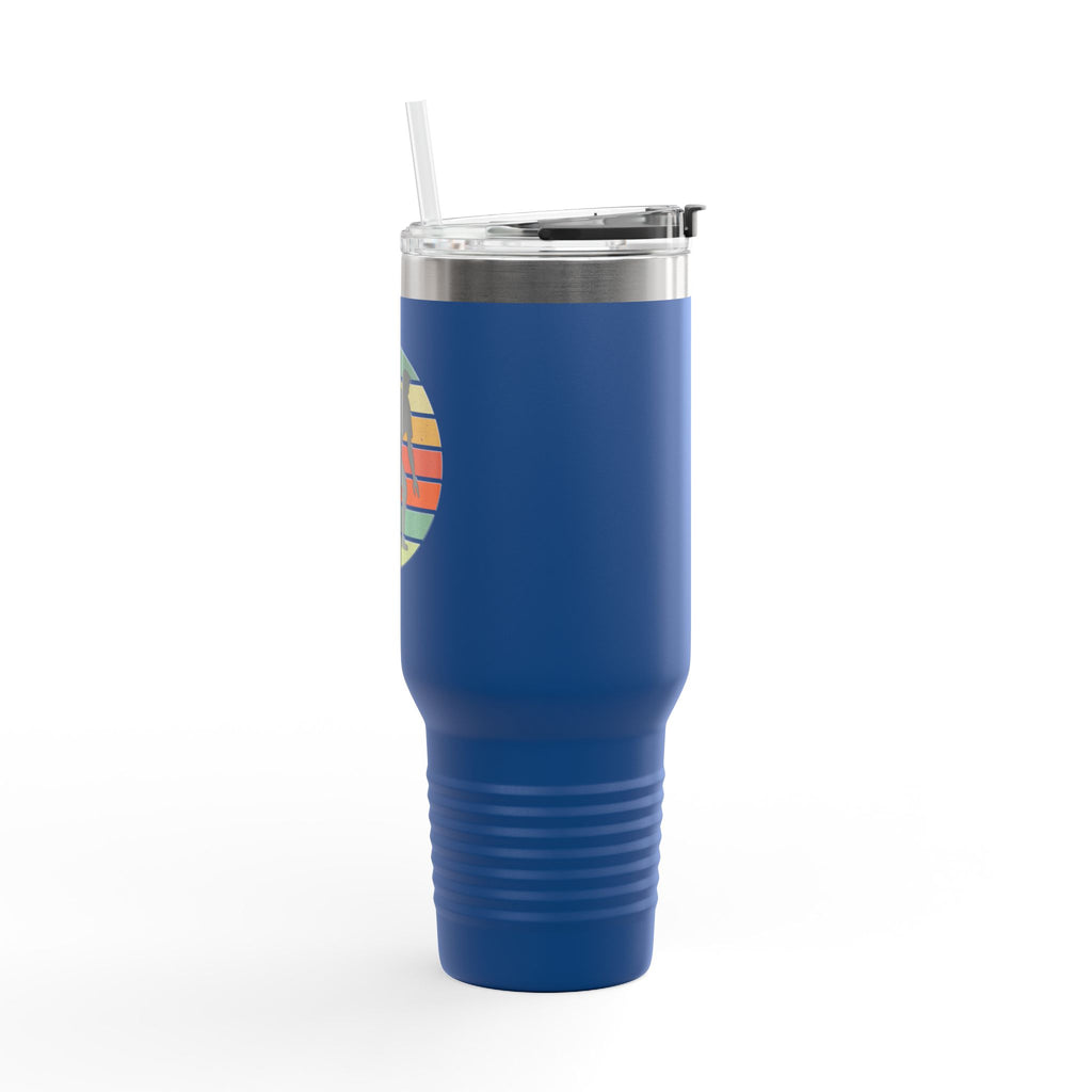 Side view of a blue travel mug with a silhouette of a bowler over an colorful retro image, on a white background.