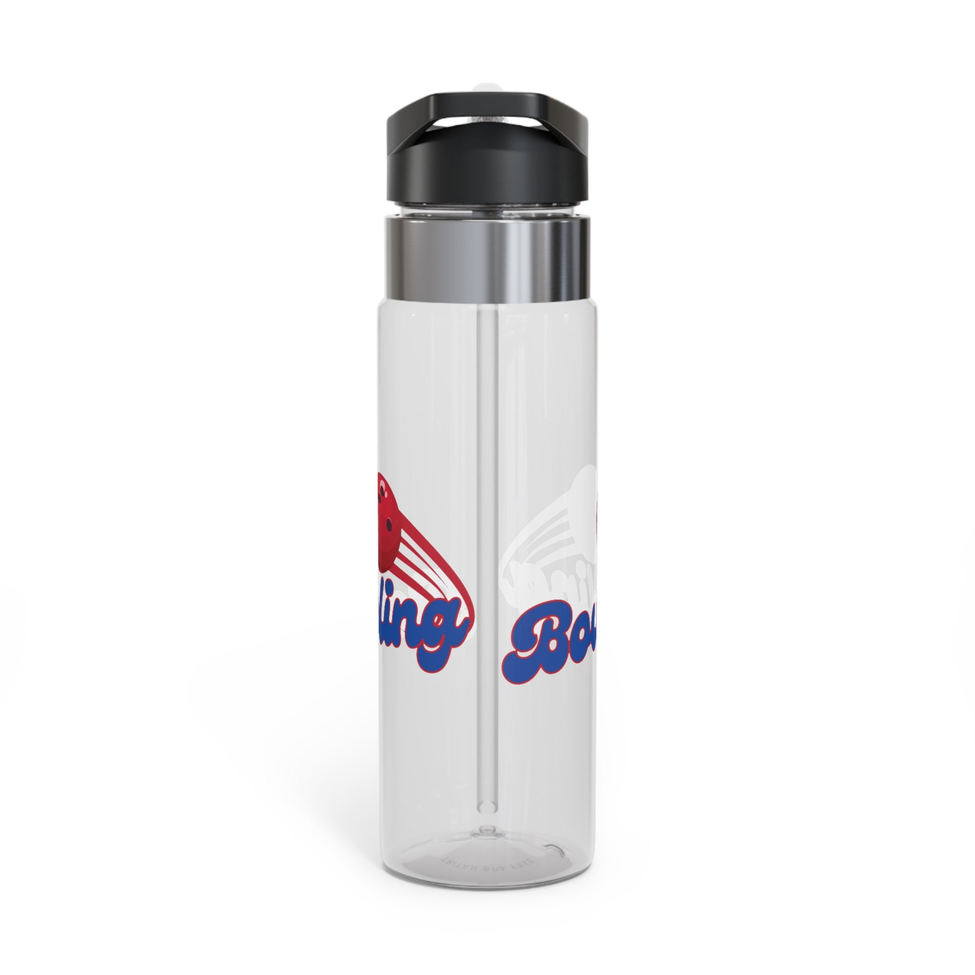 A clear water bottle with black lid, with a red bowling ball graphic and 'Bowling' text on a white background