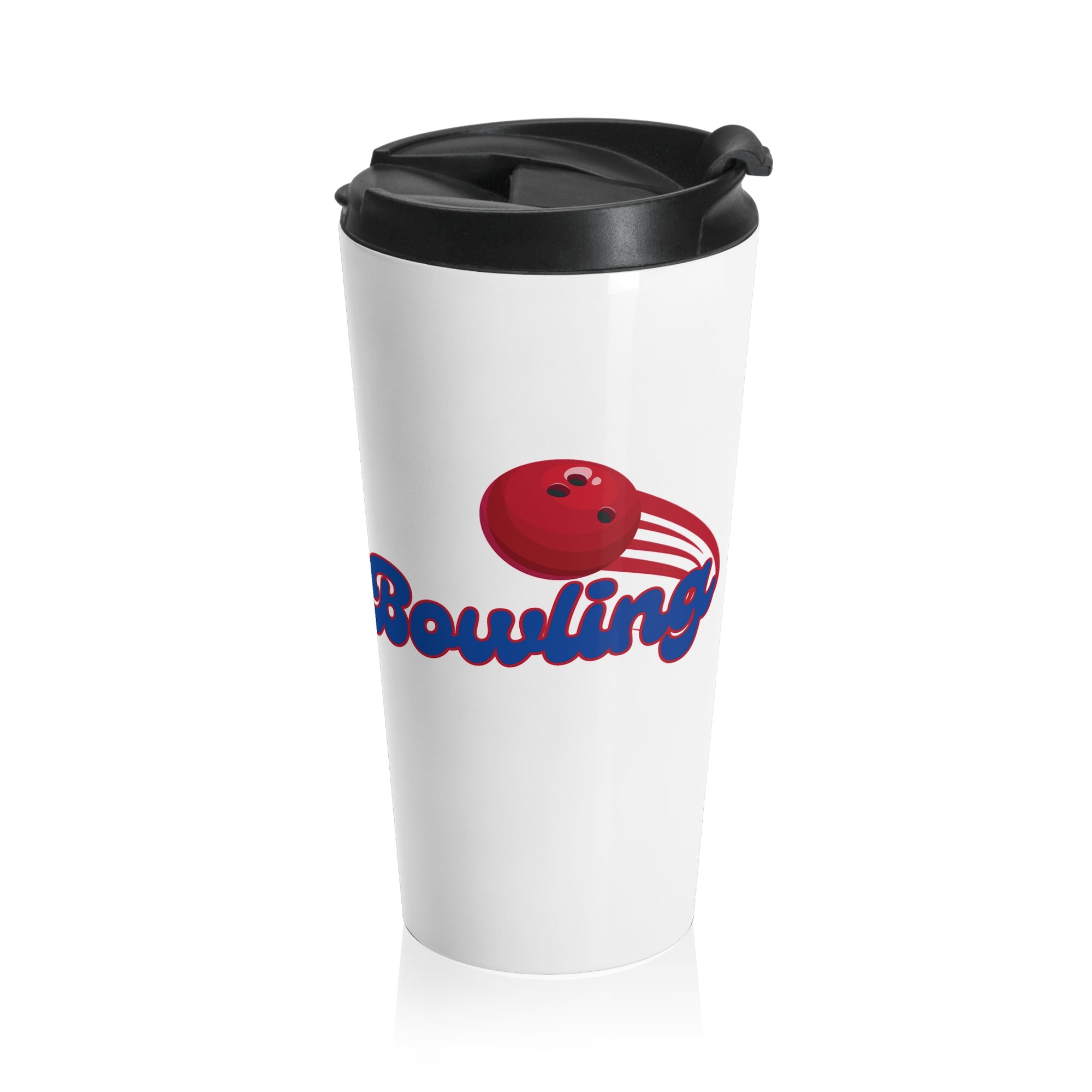 White tumbler with black lid featuring a red bowling ball and blue "Bowling" text on a white background