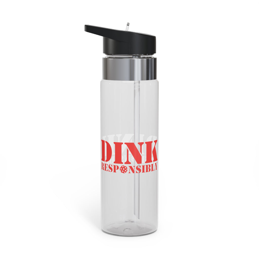 A clear water bottle with red text 'DINK RESPONSIBLY' with a pickleball replacing the "O" in "Responsibly" against a white background