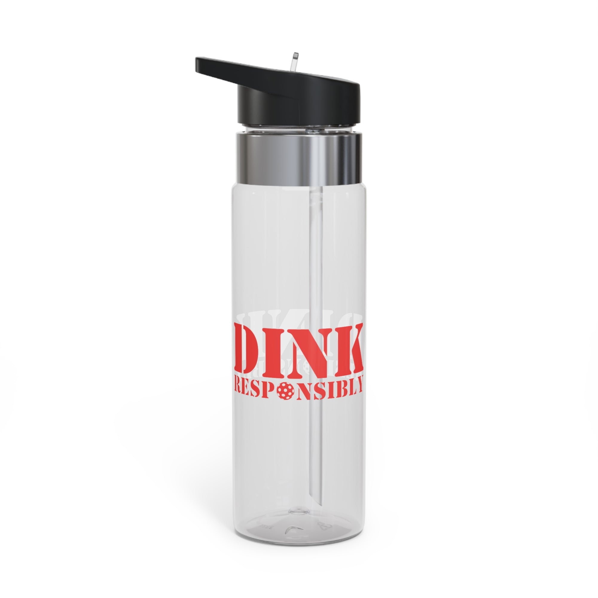 A clear water bottle with red text 'DINK RESPONSIBLY' with a pickleball replacing the "O" in "Responsibly" against a white background