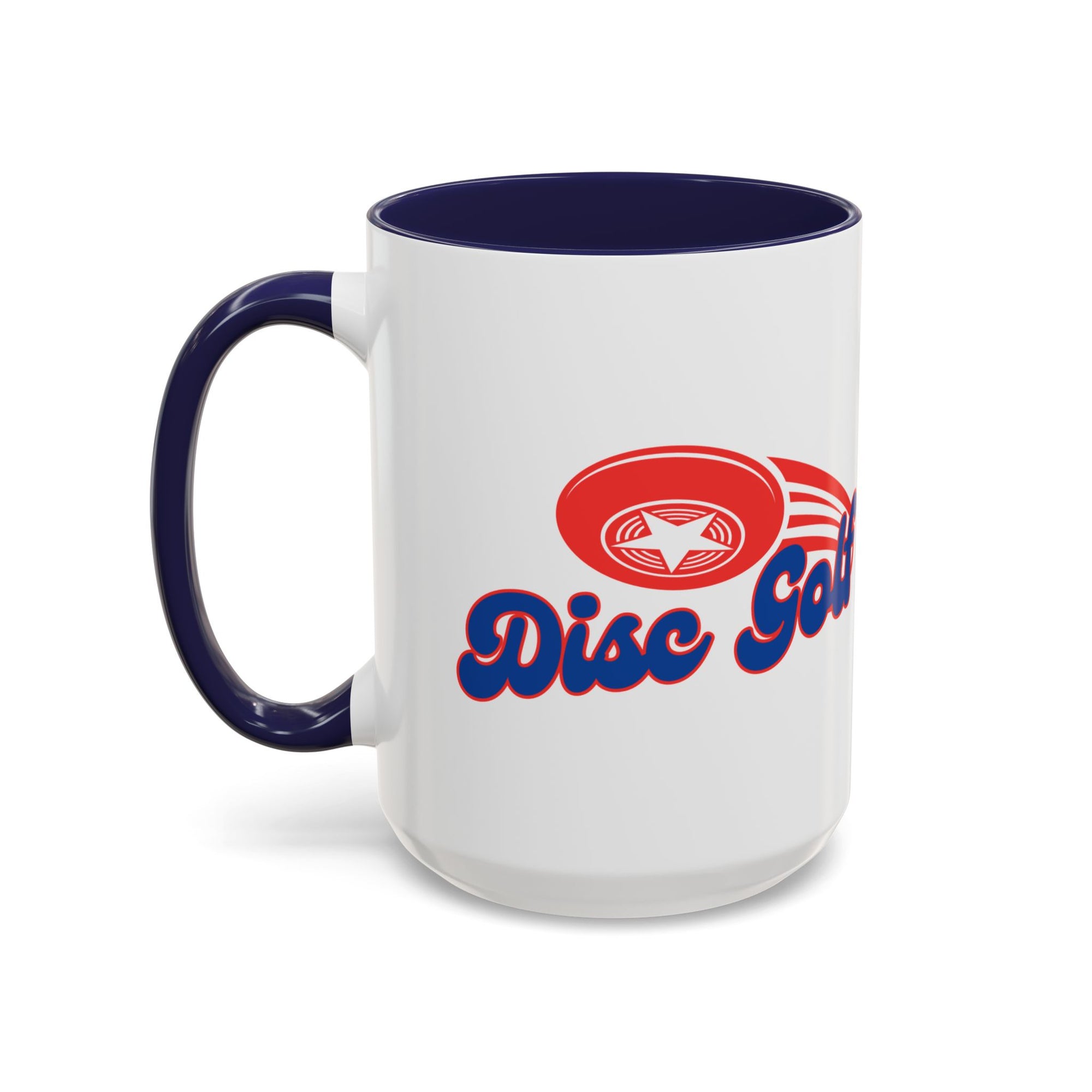 A ceramic coffee mug with dark blue accents on the handle and interior, with 'Disc Golf' in a blue script text outlined in red and disc golf with motion trails, against a white background