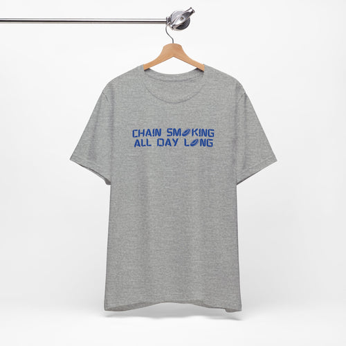 Gray t-shirt with 'CHAIN SMOKING ALL DAY LONG' text with the O's replaced by disc golf discs, on a hanger against a white background