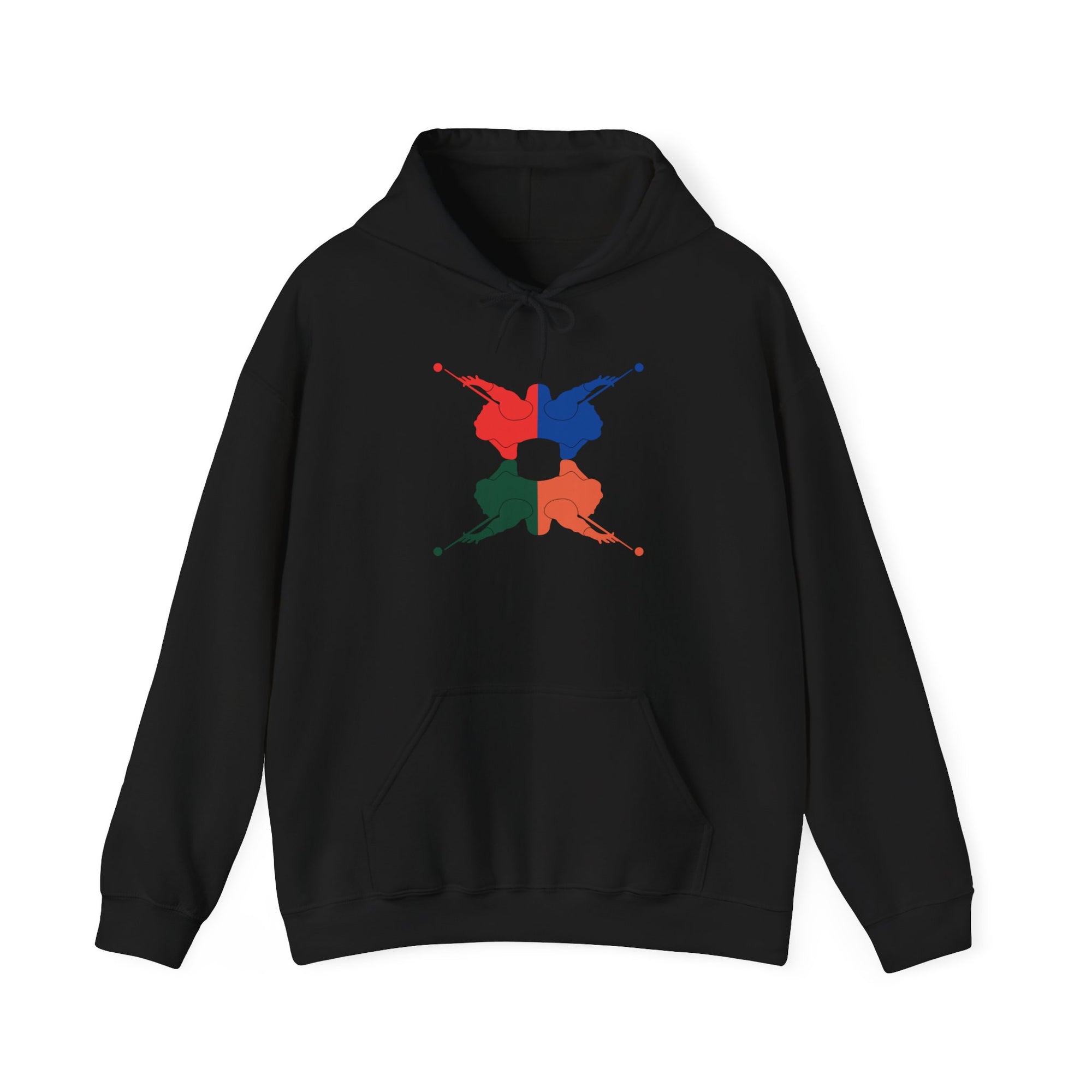 Black hoodie with colorful graphic of 4 billiards player silhouettes in a pop art style, against a white background
