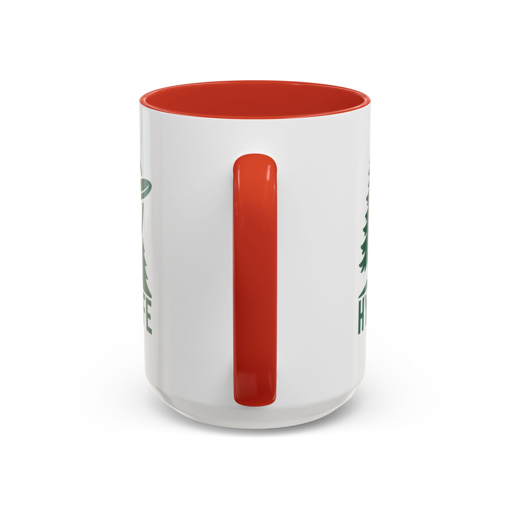 Back view of a ceramic coffee mug with red accents on the handle and interior, with green graphic of trees and a disc golf flying with the words 'HYZER LIFE' below the image, against a white background
