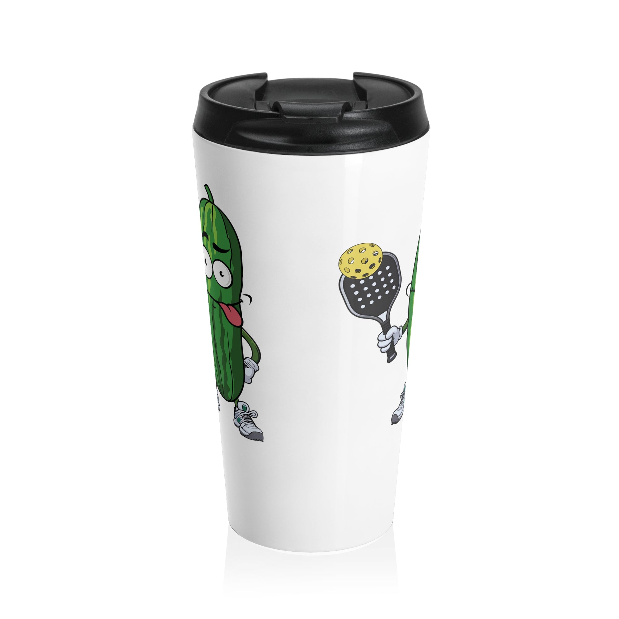 A white travel coffee mug with lid featuring a cartoon pickle with googly eyes and his tongue sticking out, holding a pickleball paddle with a yellow pickleball, against a white background