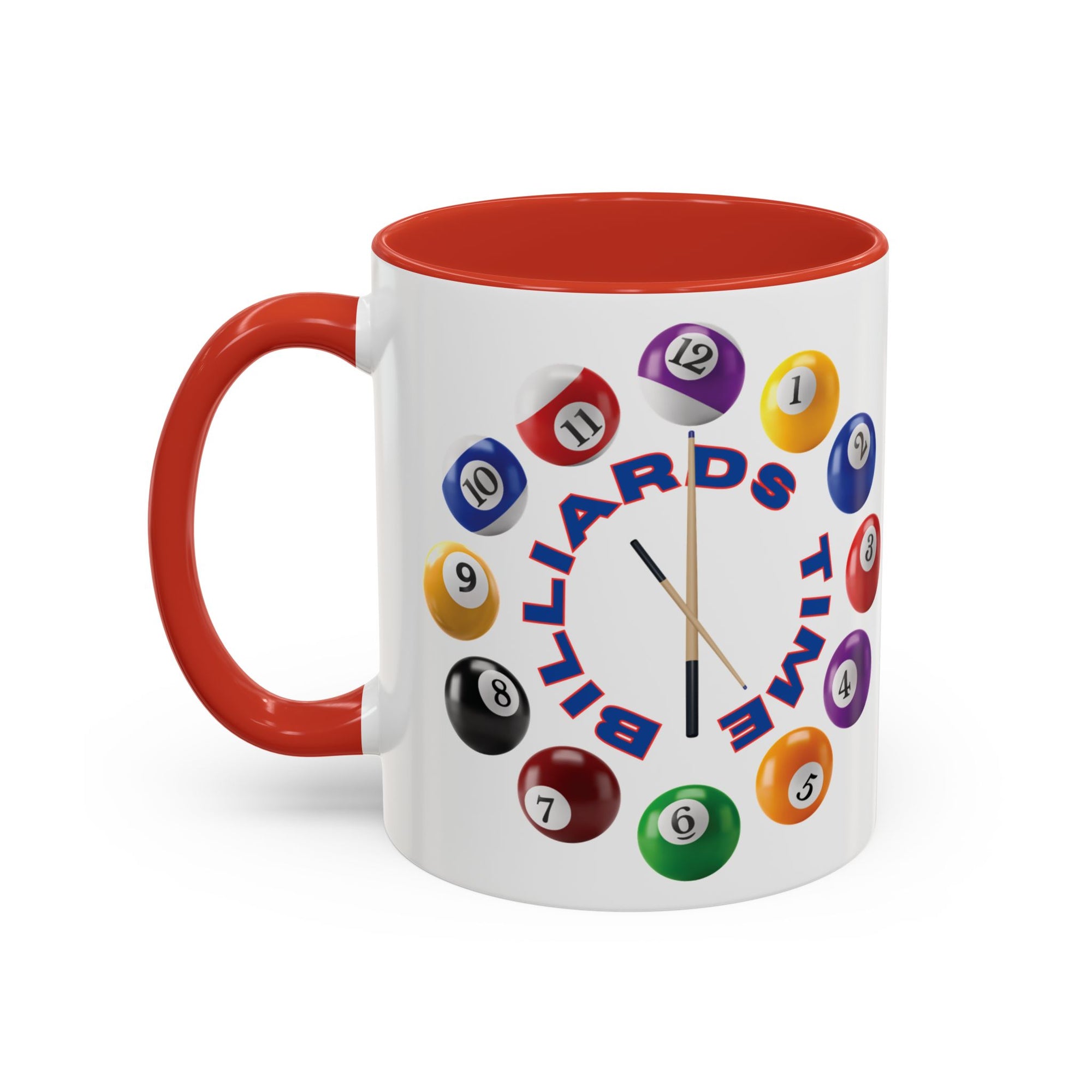 A white ceramic coffee mug with red accents on the handle and interior, with the text "Billiards Time" surrounded by a clock made up of colorful billiard balls and cue sticks, on a white background