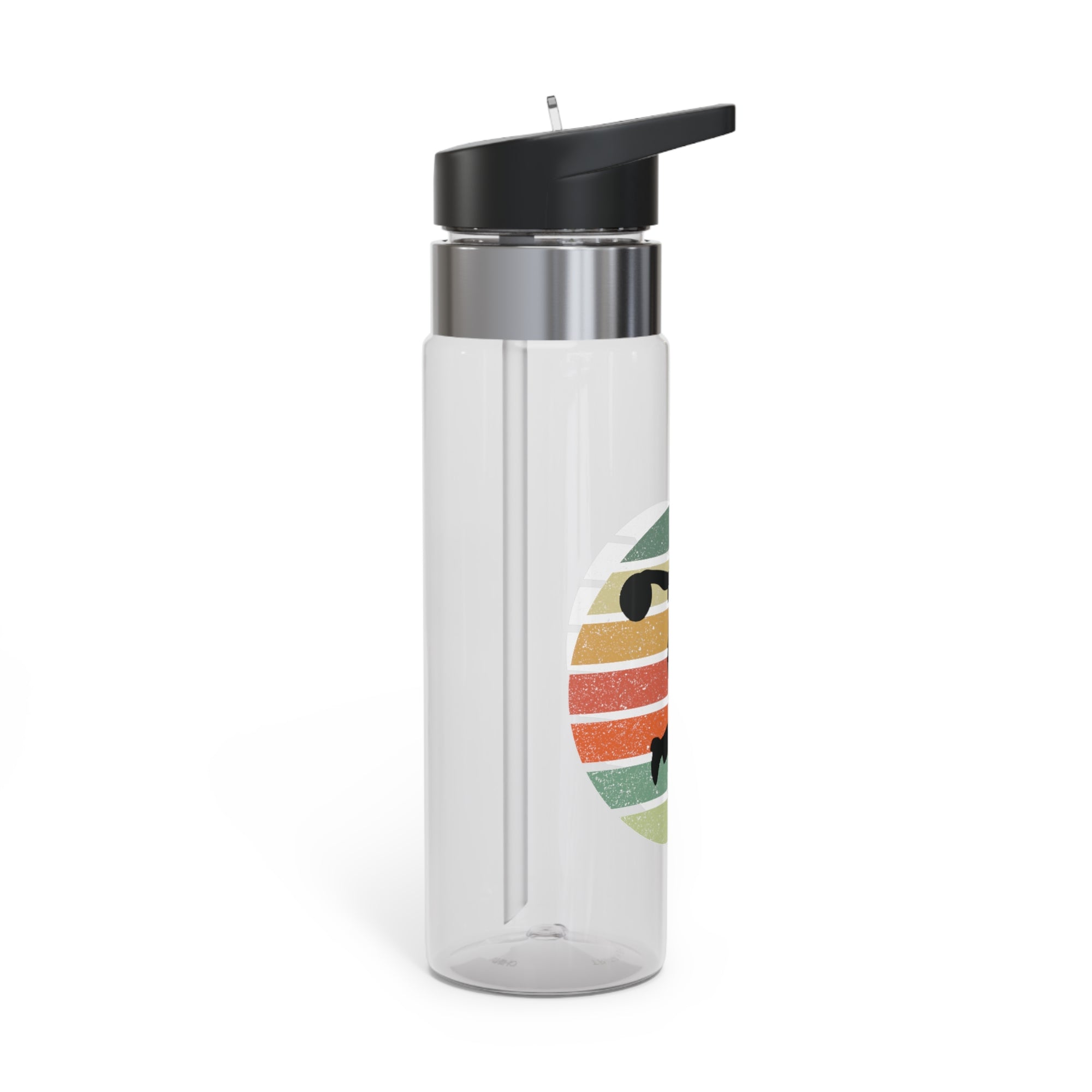 Side view of a clear water bottle with a black lid featuring a silhouette of a bowler over an colorful retro image, on a white background.