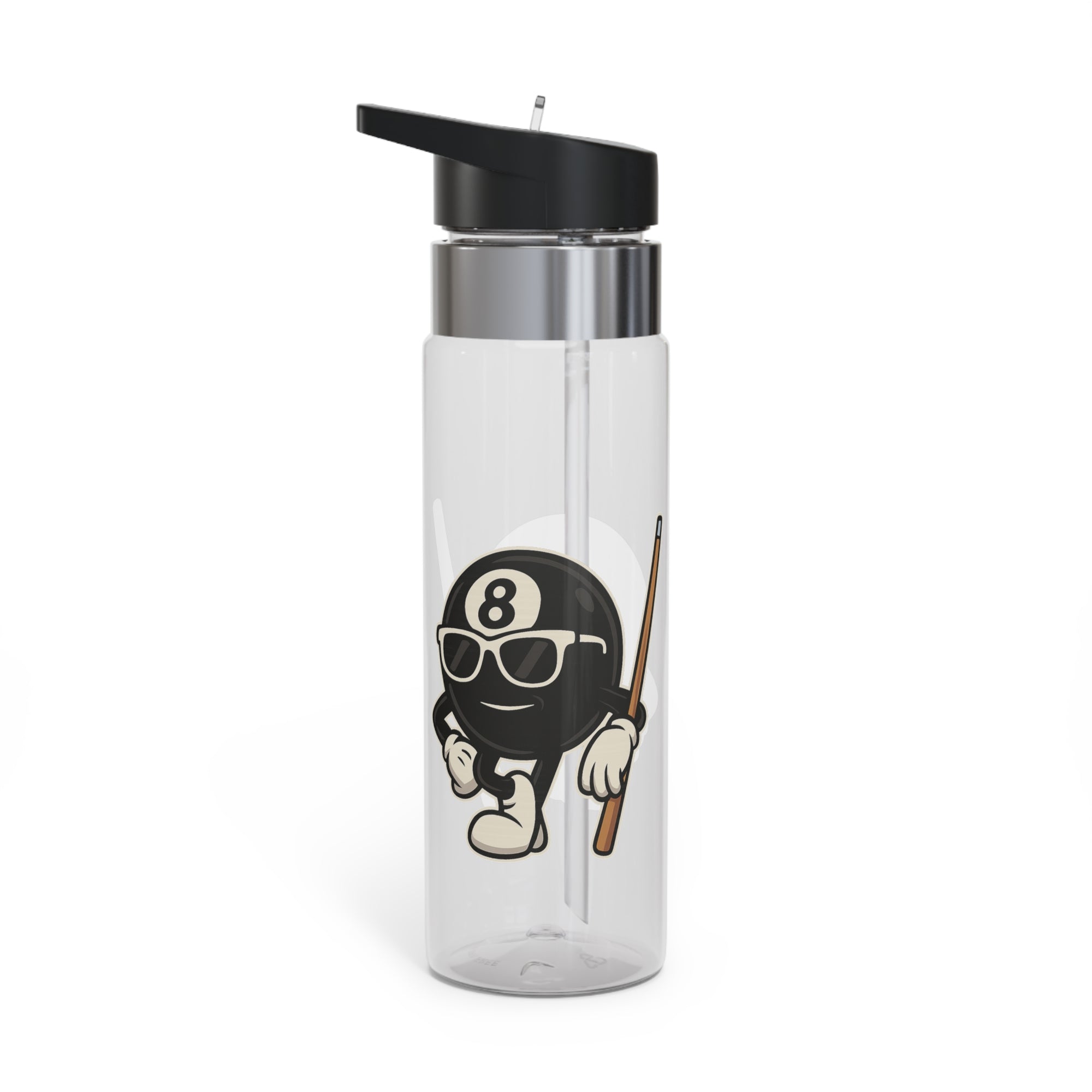 A clear water bottle with a black lid, featuring a graphic of a cartoon billiards 8 ball with arms and legs and wearing sunglasses and leaning on a cue stick, on a white background