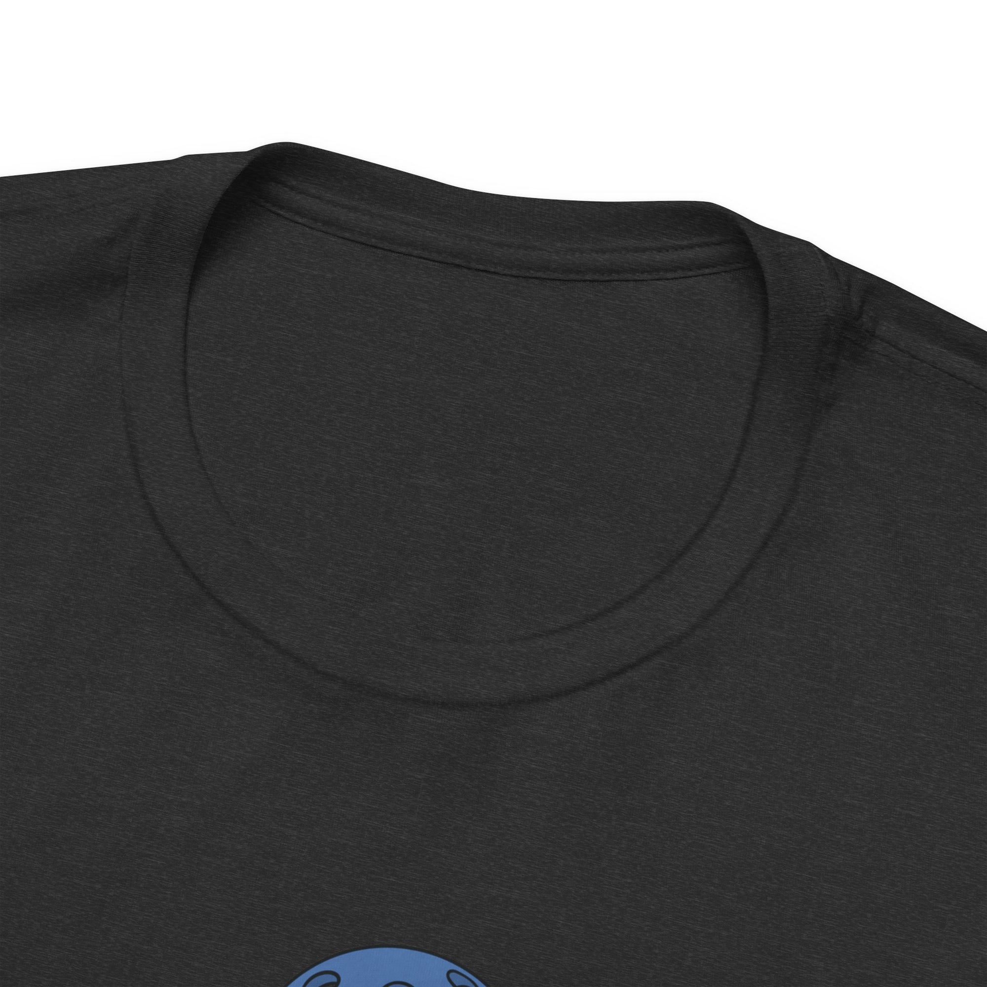 Close-up of a black t-shirt with a blue graphic on a white background