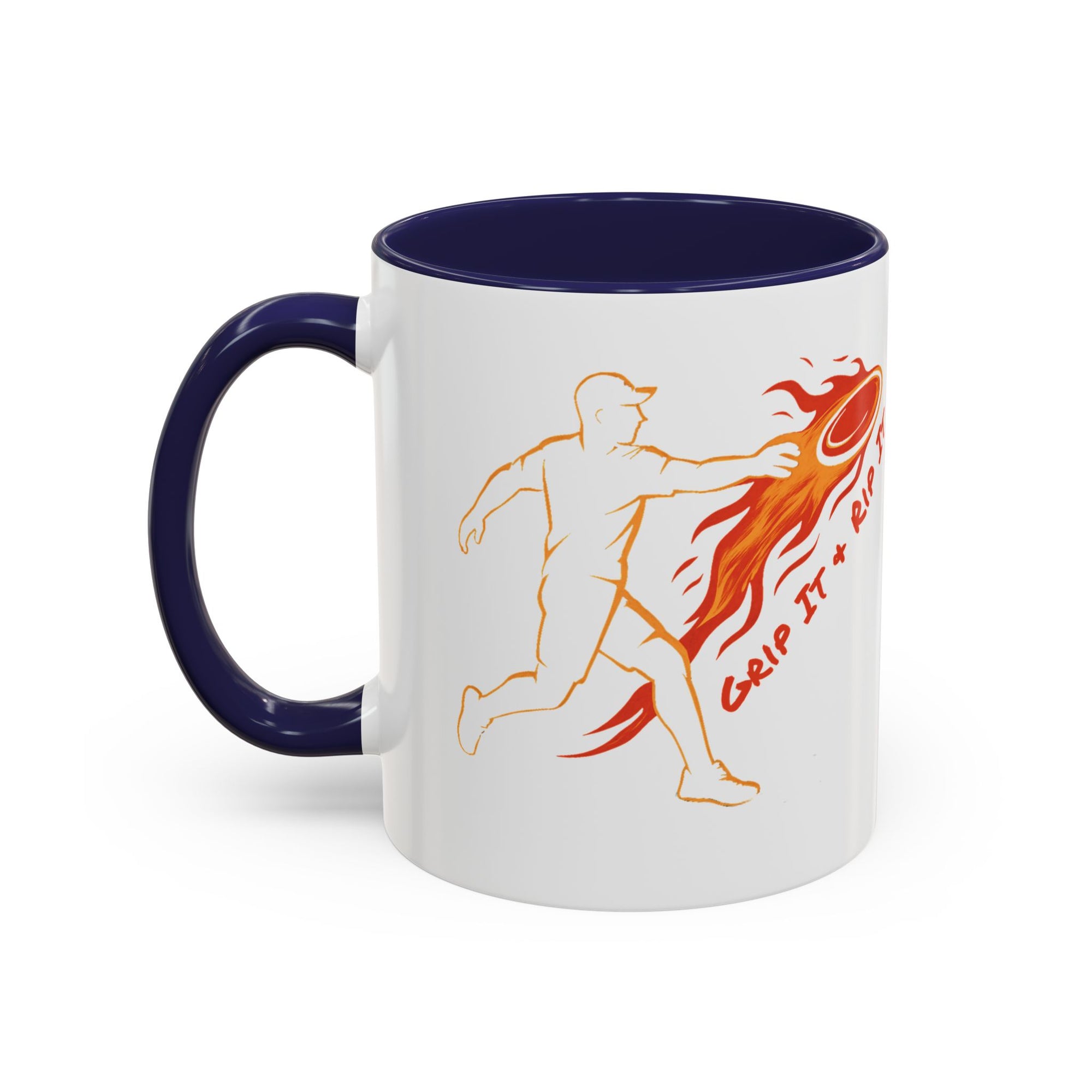 A ceramic coffee mug with dark blue accents on the handle and interior, featuring a graphic design of a person throwing a disc golf disc with flames coming off the disc and text 'Grip It or Rip It' against a white background.