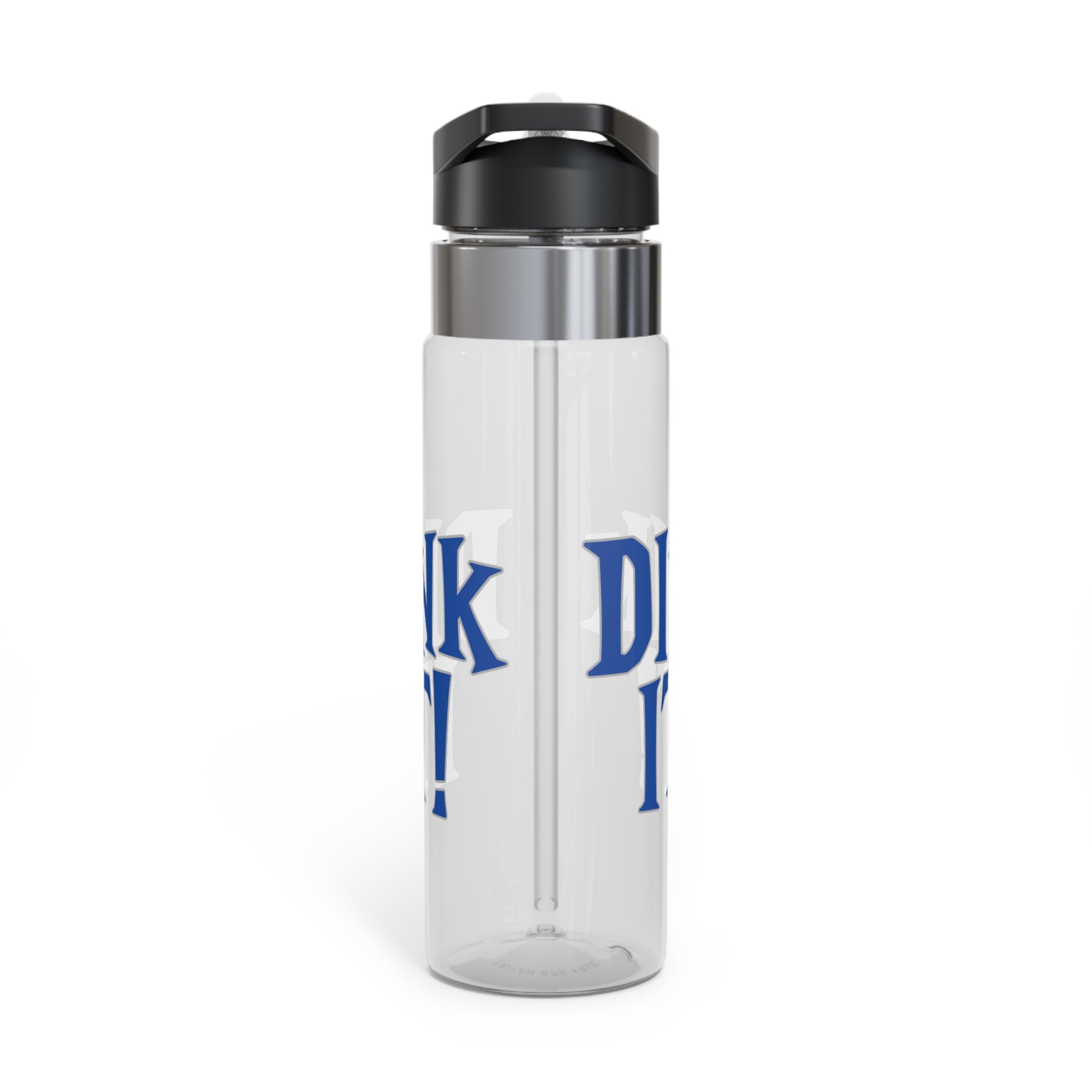 A clear water bottle with lid featuring the words 'DINK IT!' text in blue and outlined in gray, against a white background