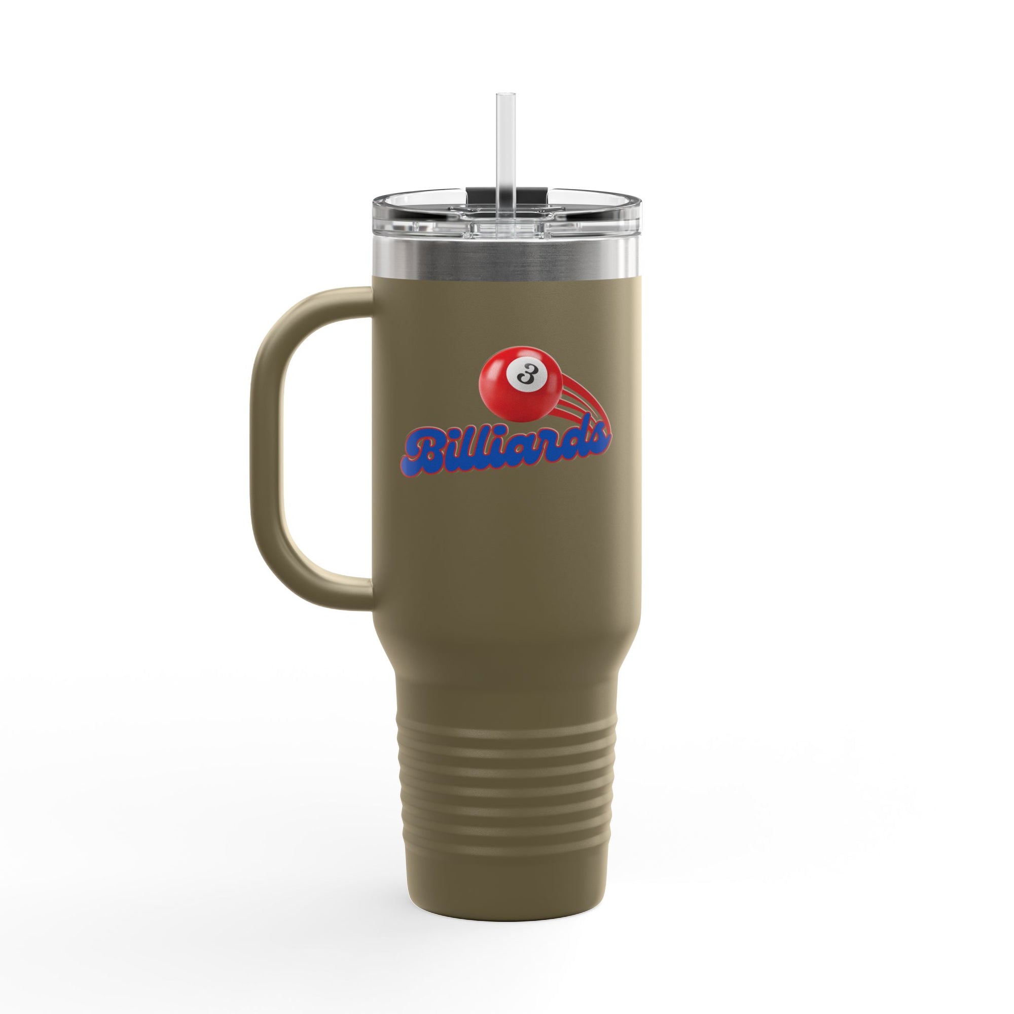 40oz olive green tumbler with lid and straw, with billiards ball and text that says "Billiards" against a white background