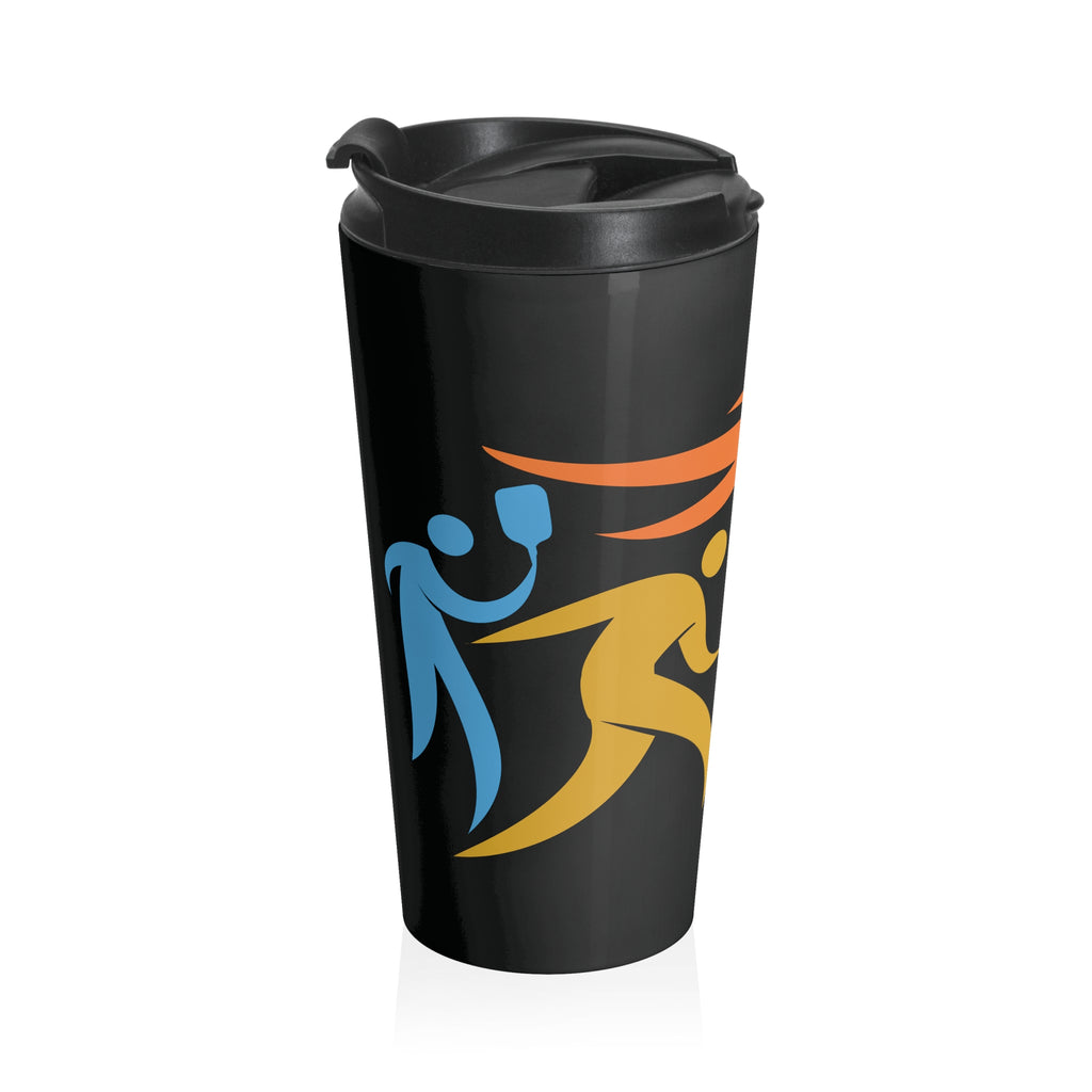 Black travel coffee mug with lid featuring an image of four colorful pickleball player drawings playing pickleball against a white background
