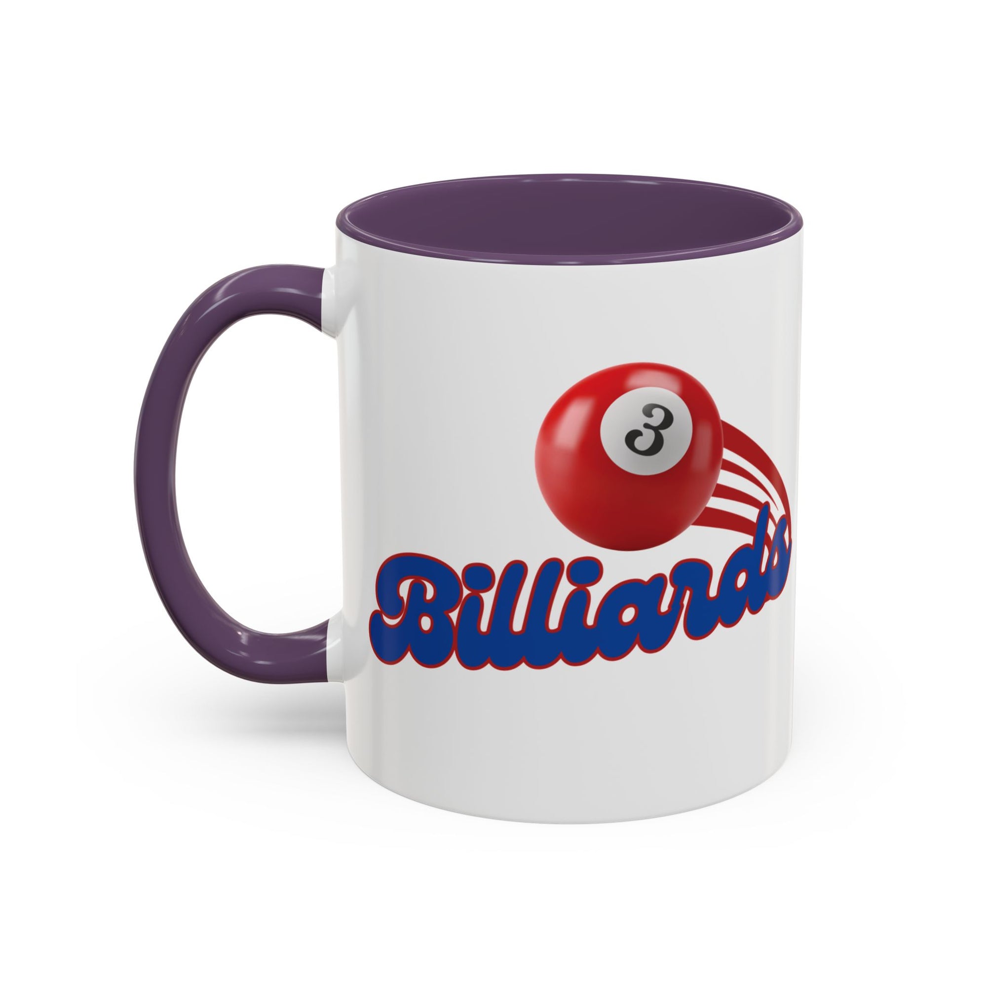 A white ceramic coffee mug with purple accents on the handle and interior, with billiards ball and text that says "Billiards" against a white background 