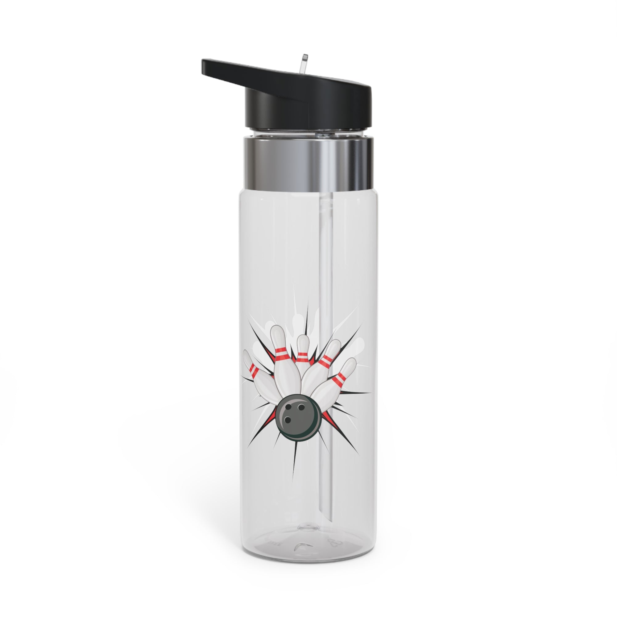 A clear water bottle with a black lid, with a graphic design of a bowling ball smashing into pins on a white background