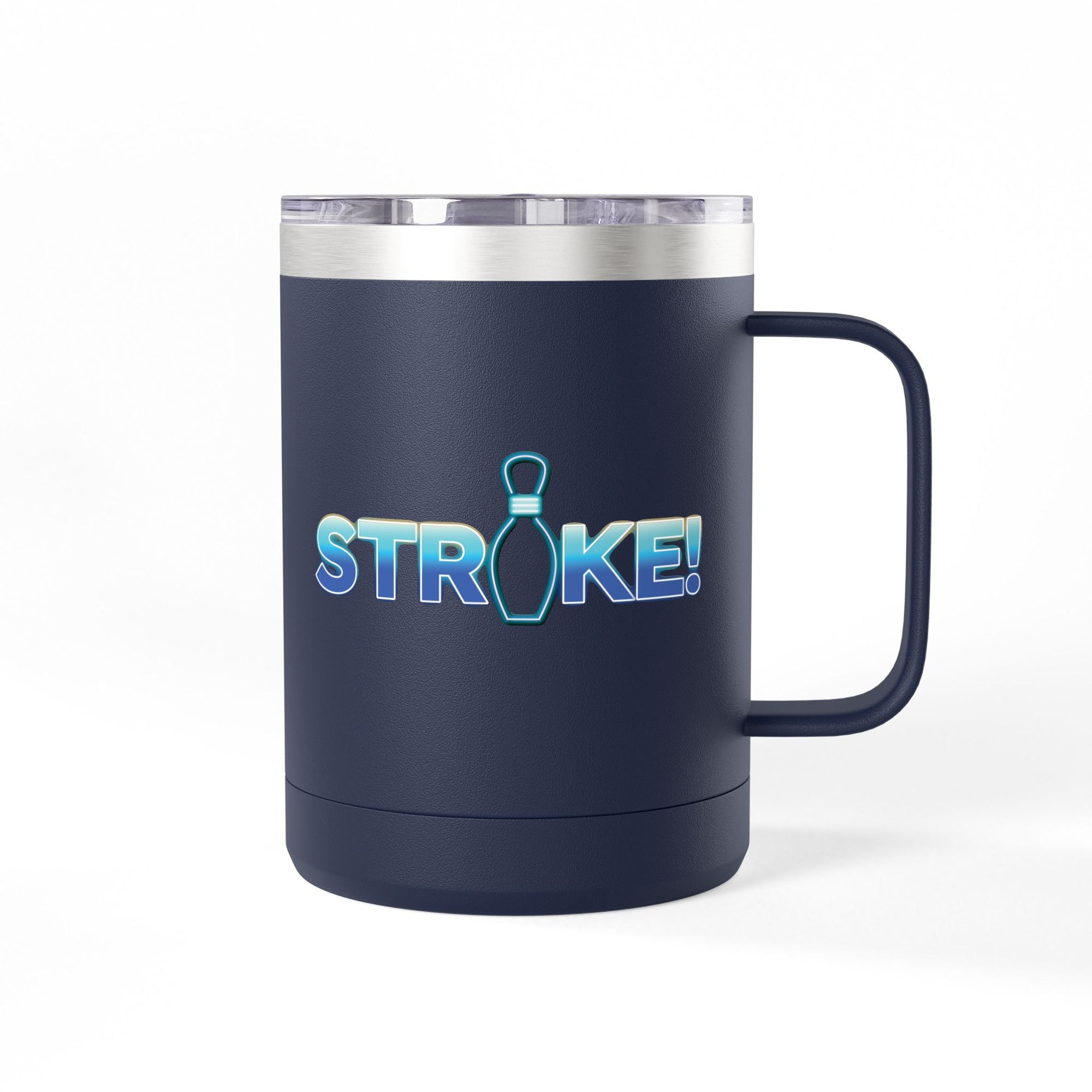 Navy blue travel mug tumbler with a lid and handle, with 'STRIKE!' with the "I" replaced by a bowling pin, on a white background
