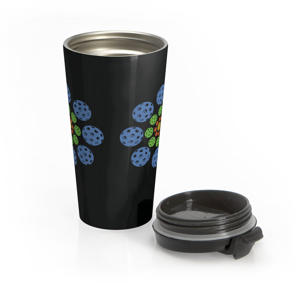 Stainless steel travel mug with lid its lid next to the mug, featuring a colorful geometric design of pickleballs against a white background