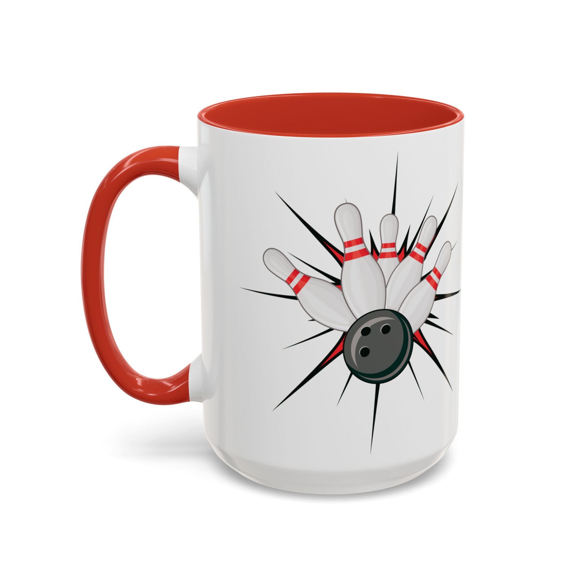 A white ceramic coffee mug with red accents on the handle and interior, with a graphic design of a bowling ball smashing into pins on a white background