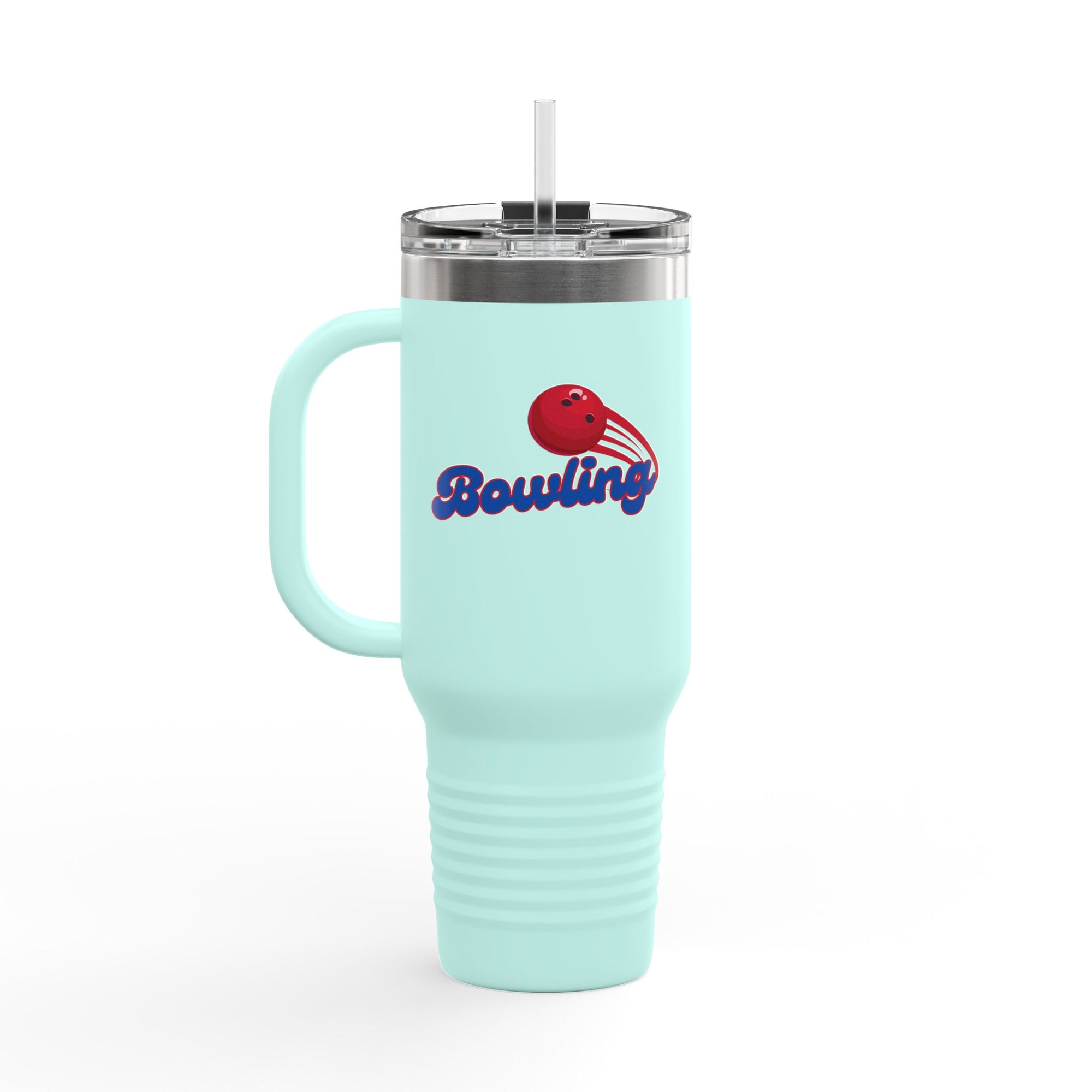 A teal 40oz tumbler with handle, lid, and straw, with a red bowling ball graphic and 'Bowling' text on a white background